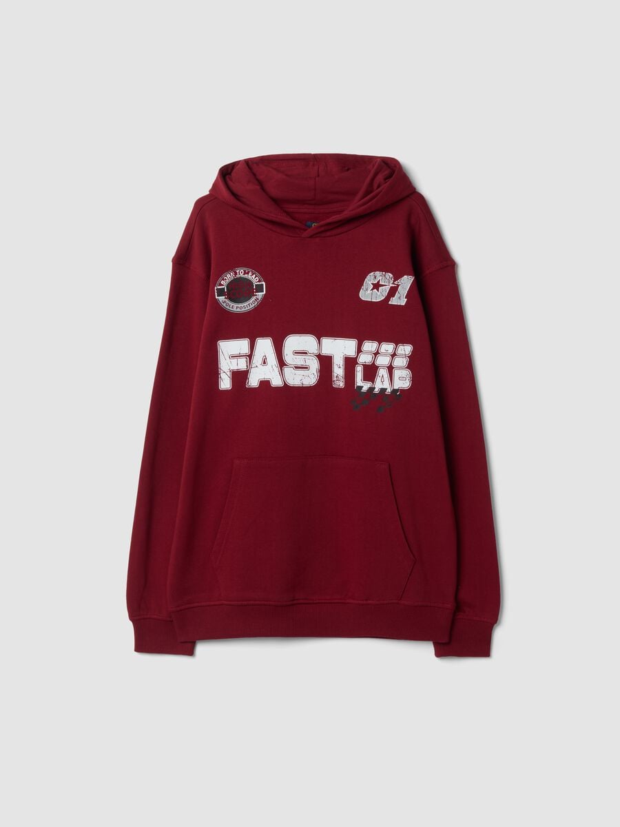 Hoodie vermelho em algod&atilde;o org&acirc;nico puro com estampados racing, corte relaxed_0
