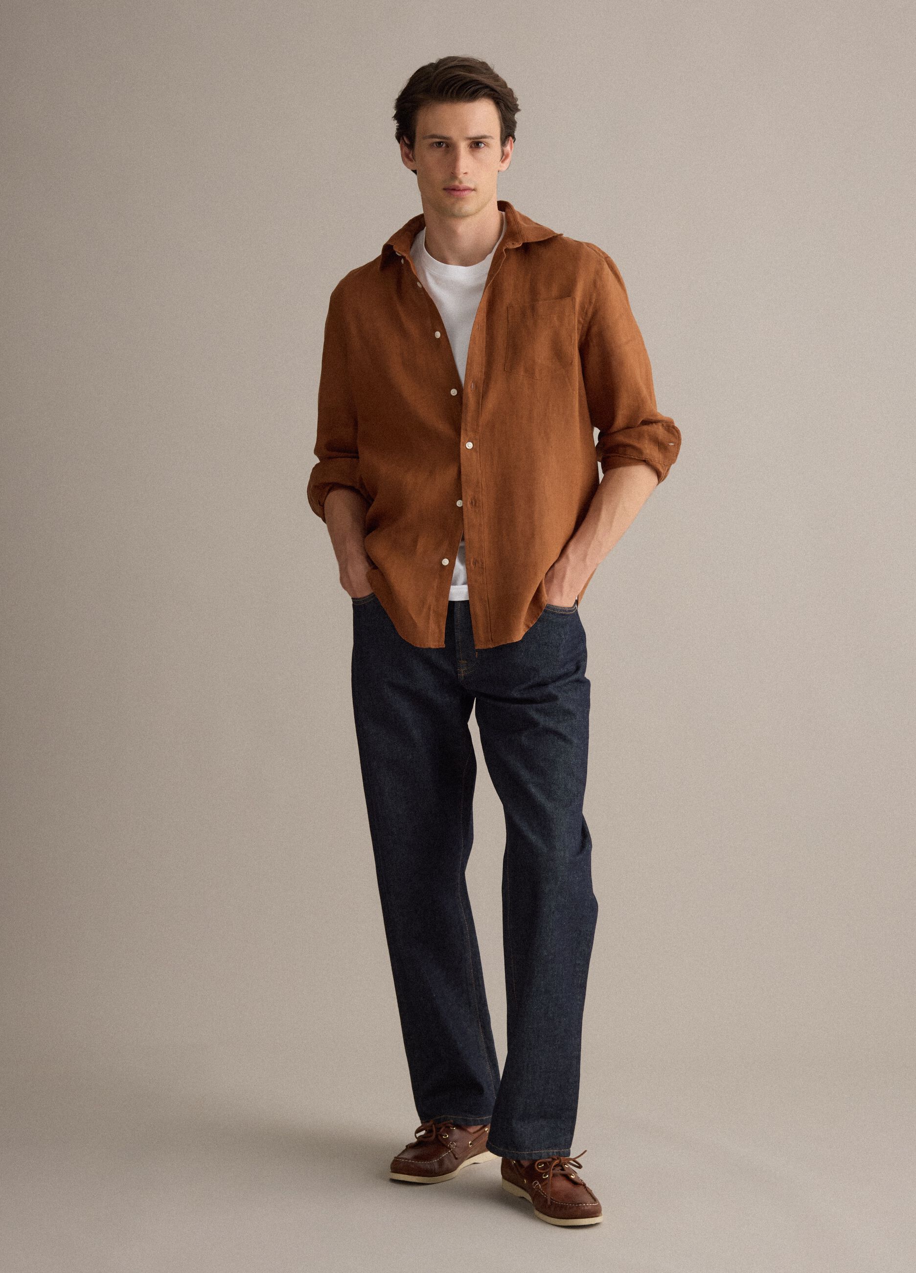 Brown pure linen shirt with button-down collar, regular fit