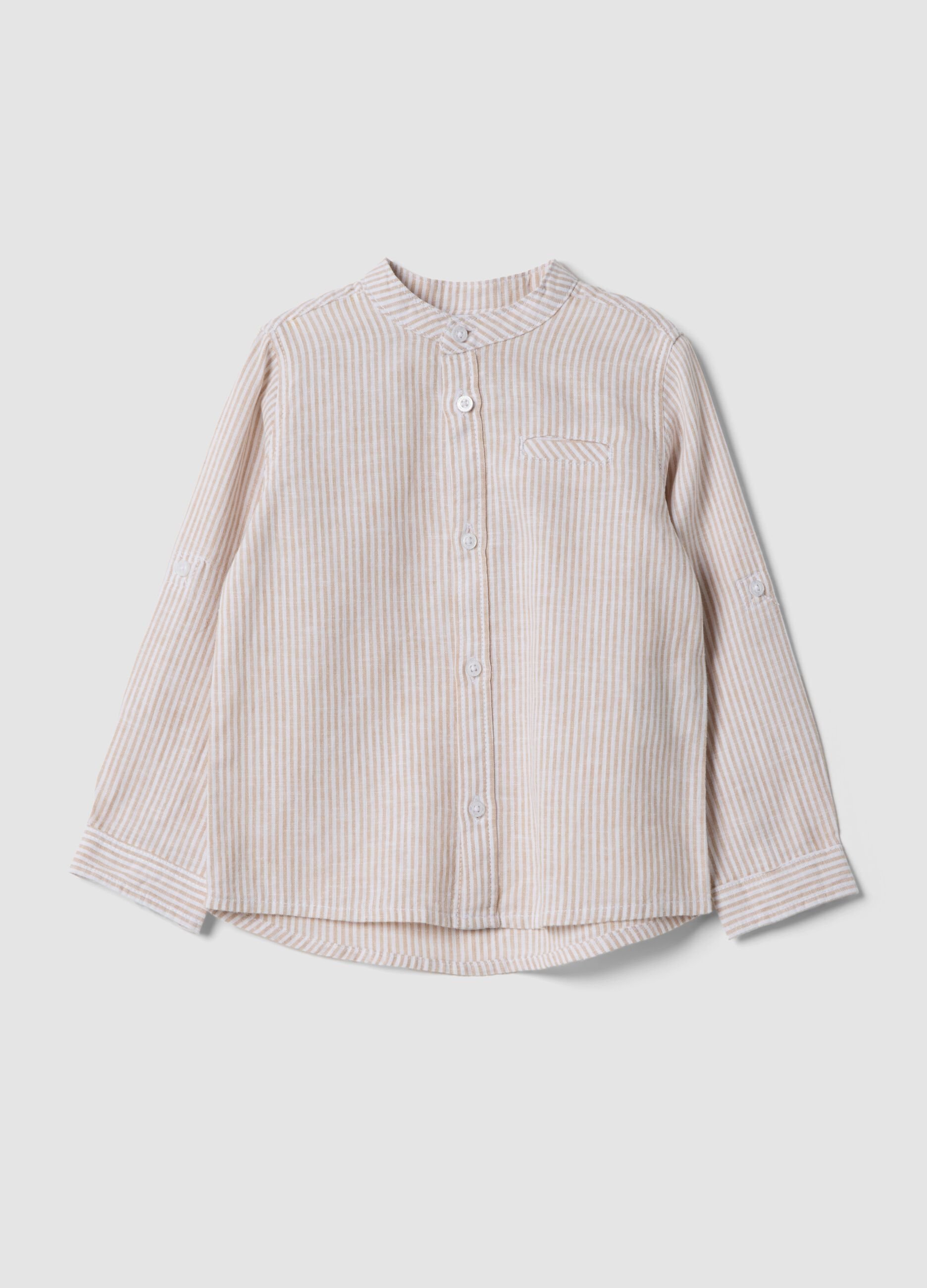 Boys&rsquo; white and beige striped linen-cotton blend shirt