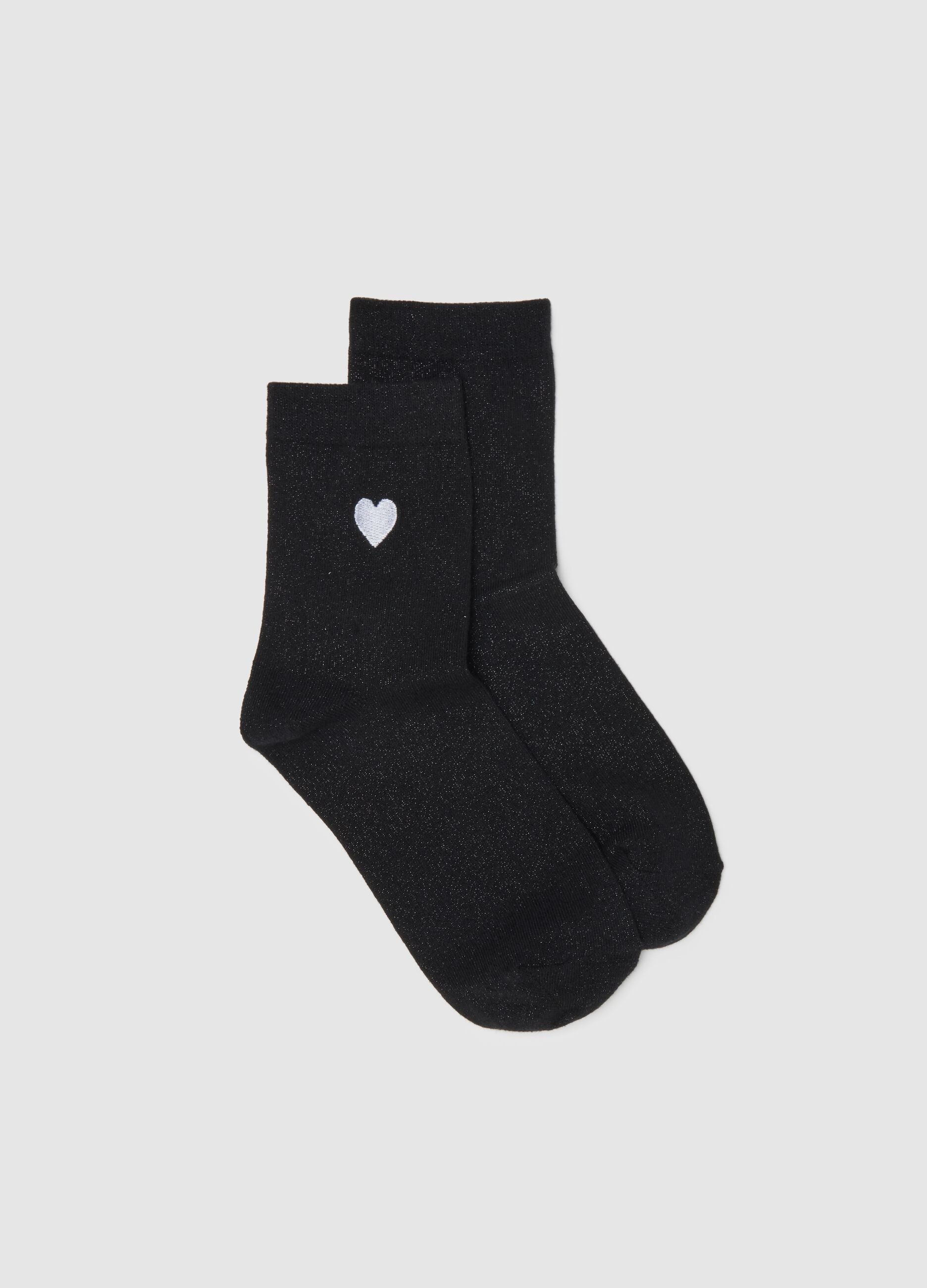 Black Cotton Blend Socks with Heart and Glitter