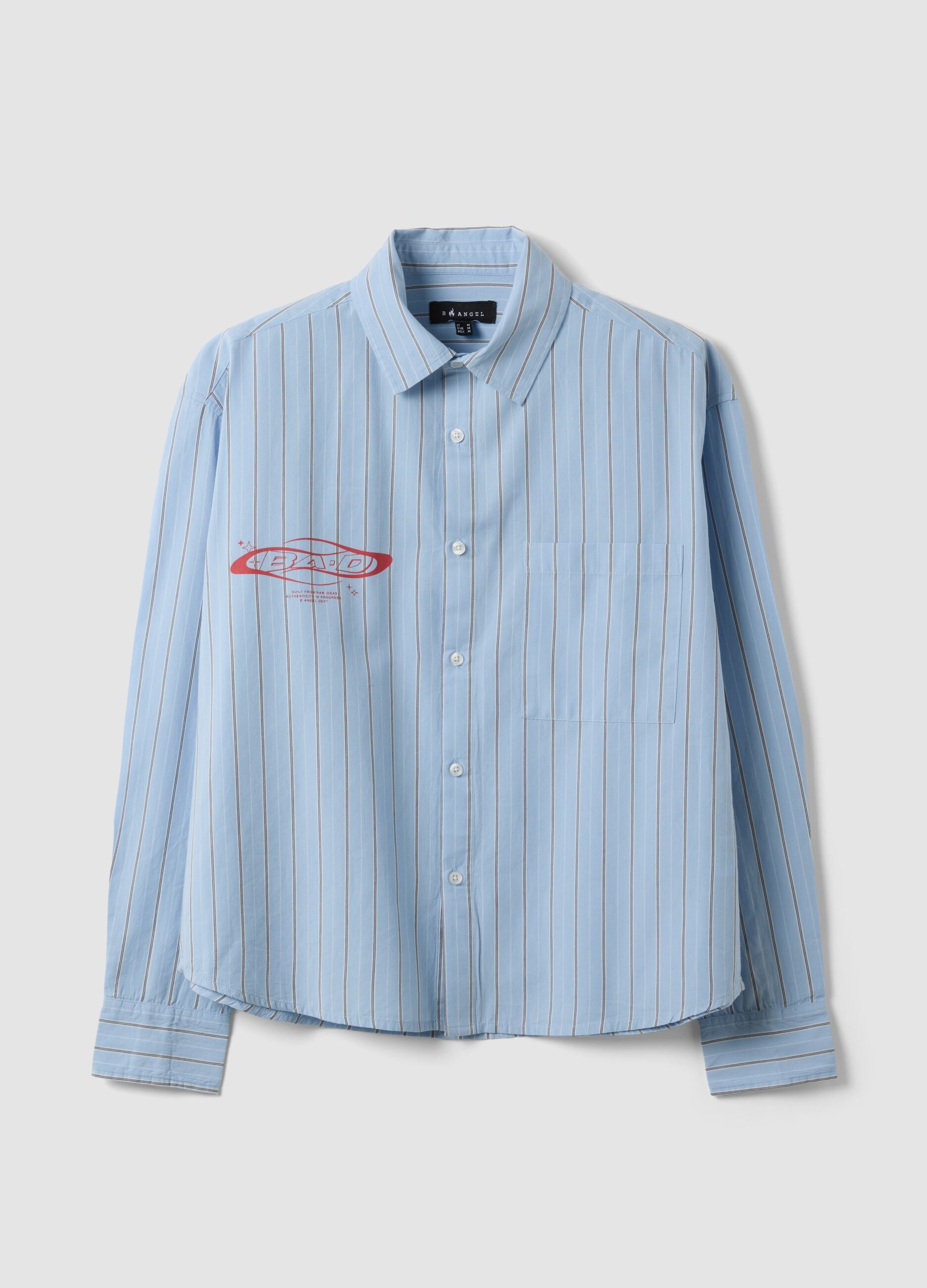 Camisa azul cropped em algod&atilde;o puro &agrave;s riscas, corte oversize