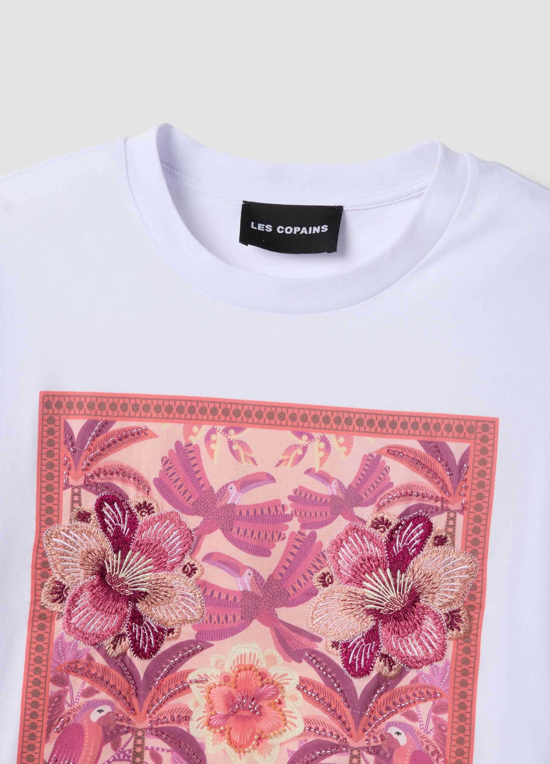 White pure cotton T-shirt with floral print