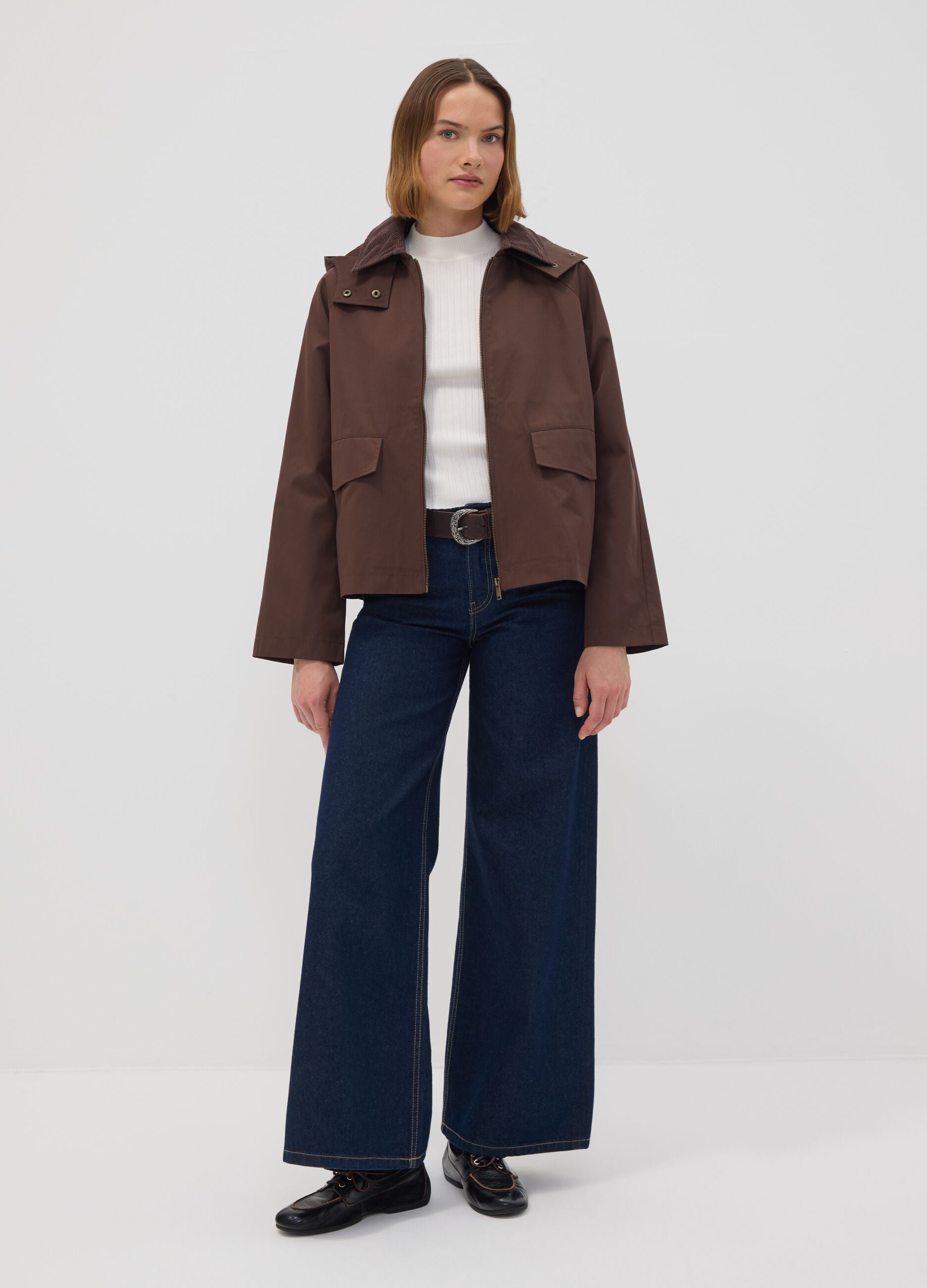Braune Parkajacke aus Baumwollmix mit Kapuze und Rippkragen