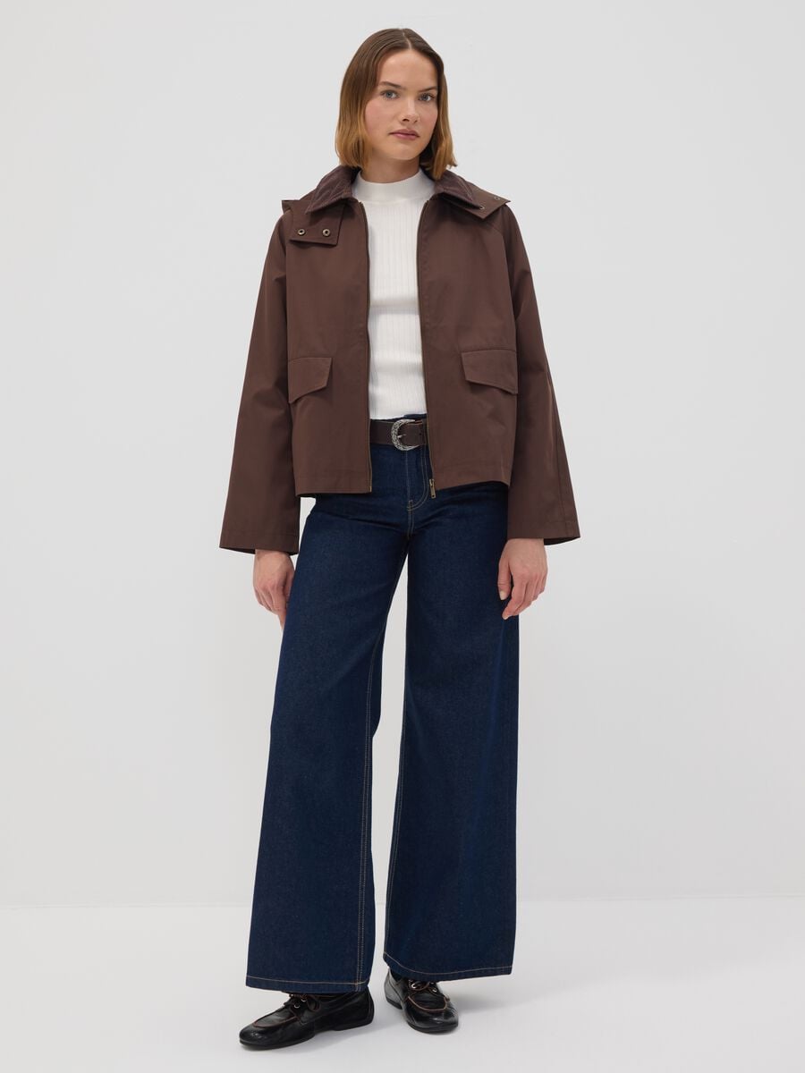 Brown cotton-blend parka jacket with hood and ribbed collar_1