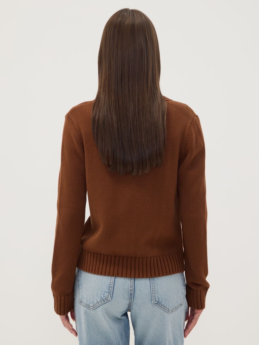 Brown pure cotton crew-neck cardigan with buttons, regular fit_3
