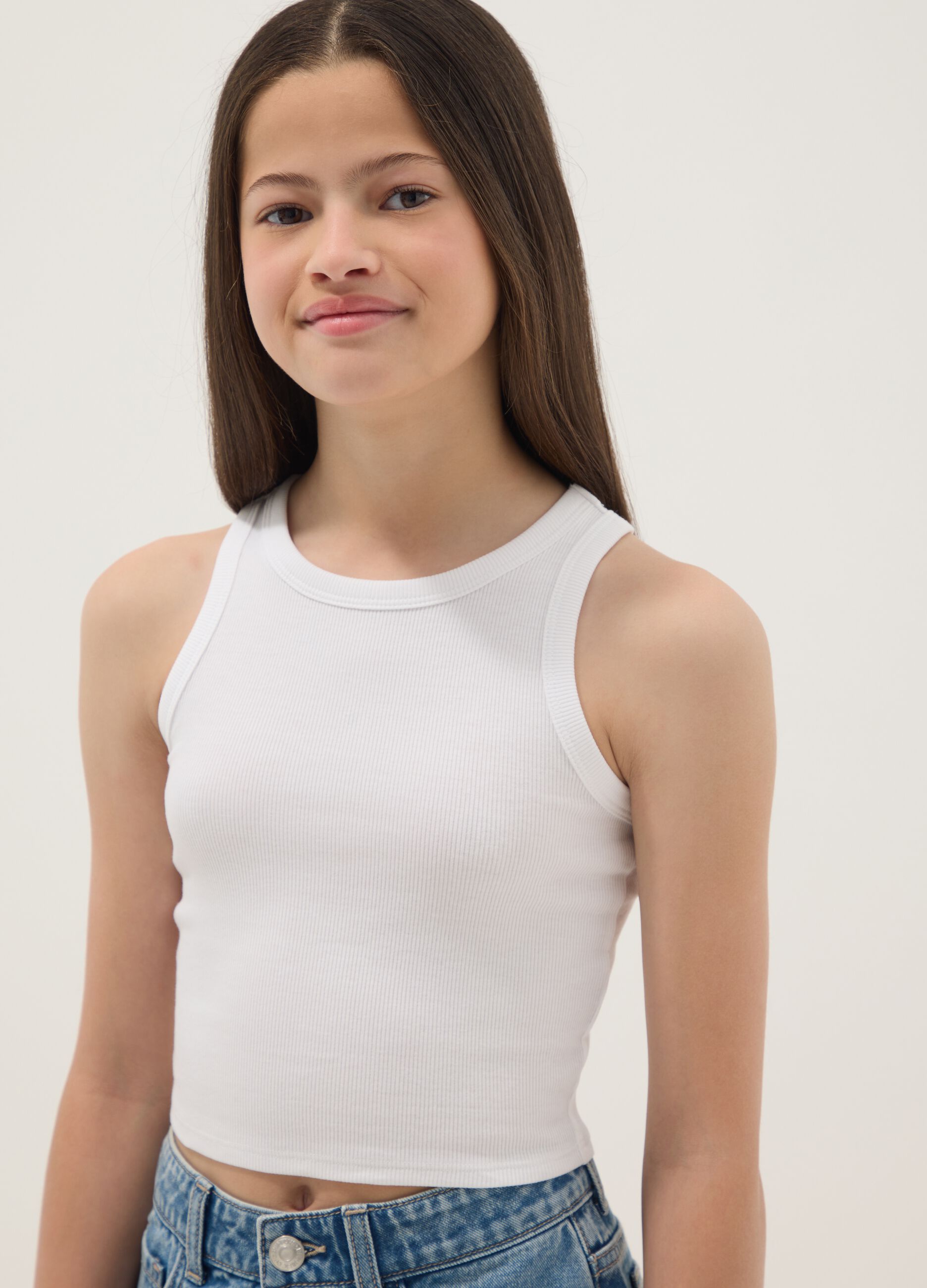 Girls&rsquo; white ribbed fitted stretch-cotton vest top