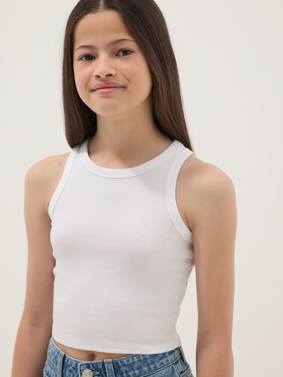 D&eacute;bardeur blanc fille c&ocirc;tel&eacute; en coton stretch, coupe ajust&eacute;e_2