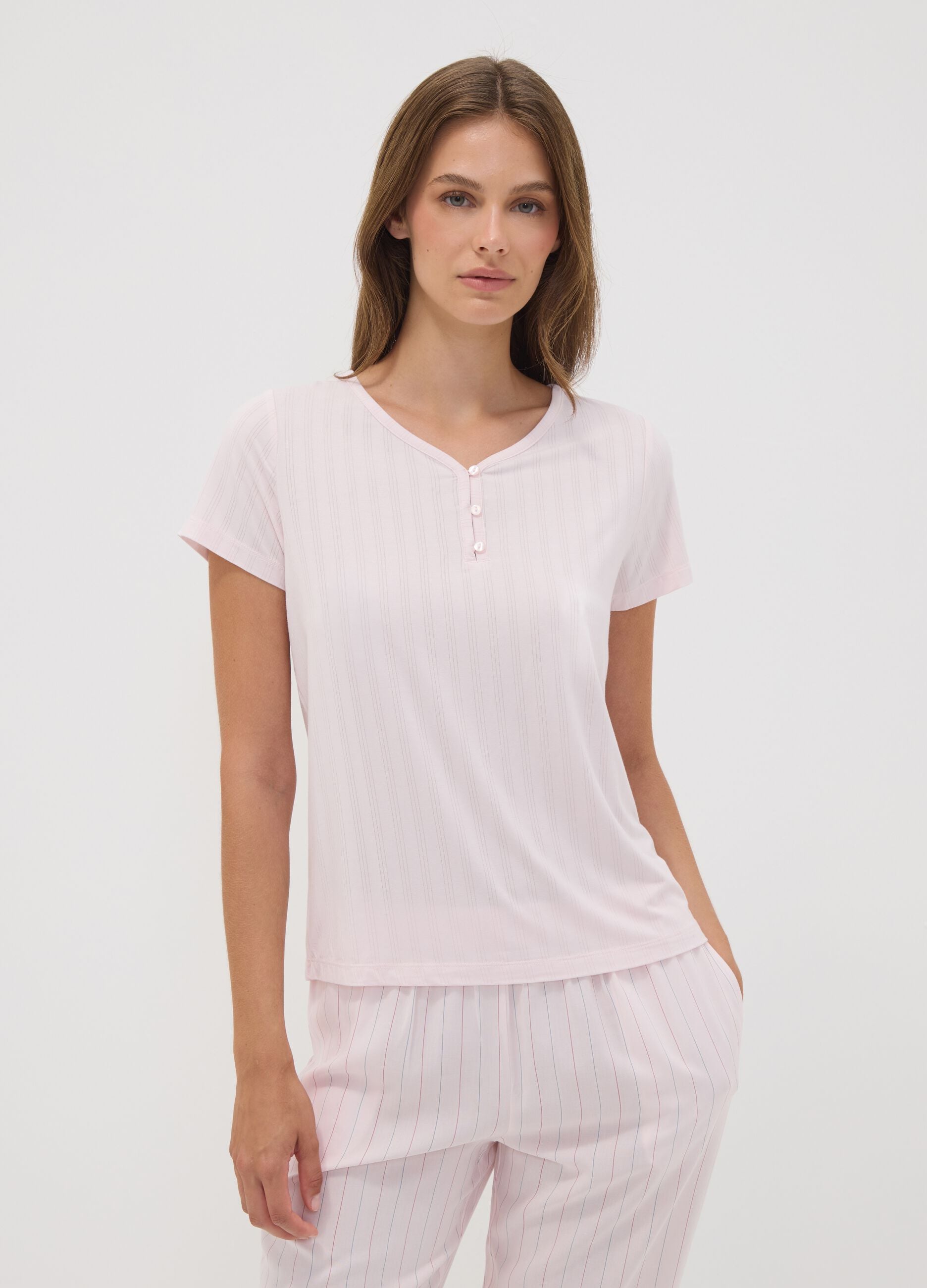 Pink stretch viscose pyjama T-shirt with V-neck