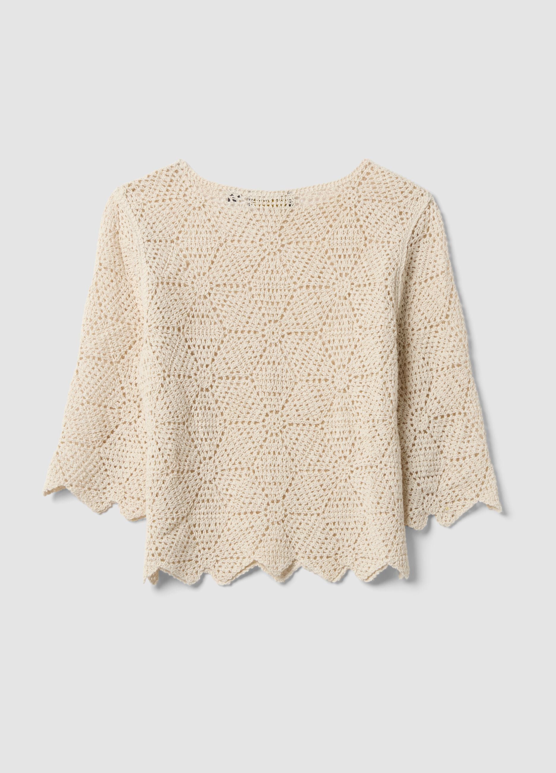 Beige pure cotton crochet T-shirt, regular fit
