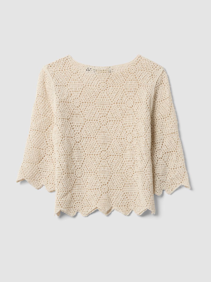 Beige pure cotton crochet T-shirt, regular fit_1