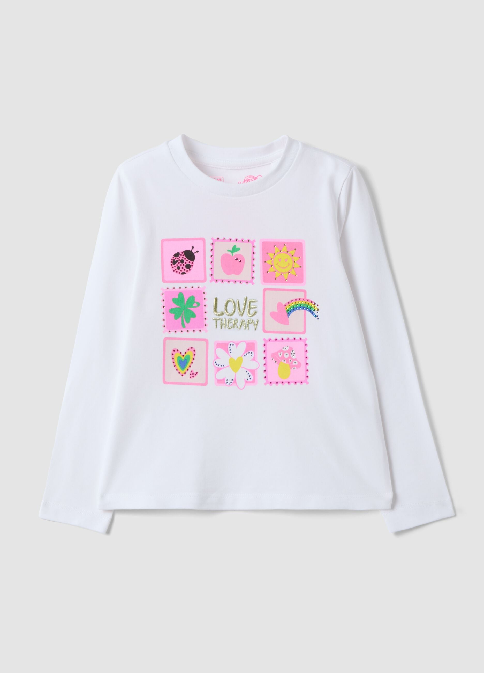 T-shirt bianca in cotone elasticizzato con girocollo e stampa per bambina