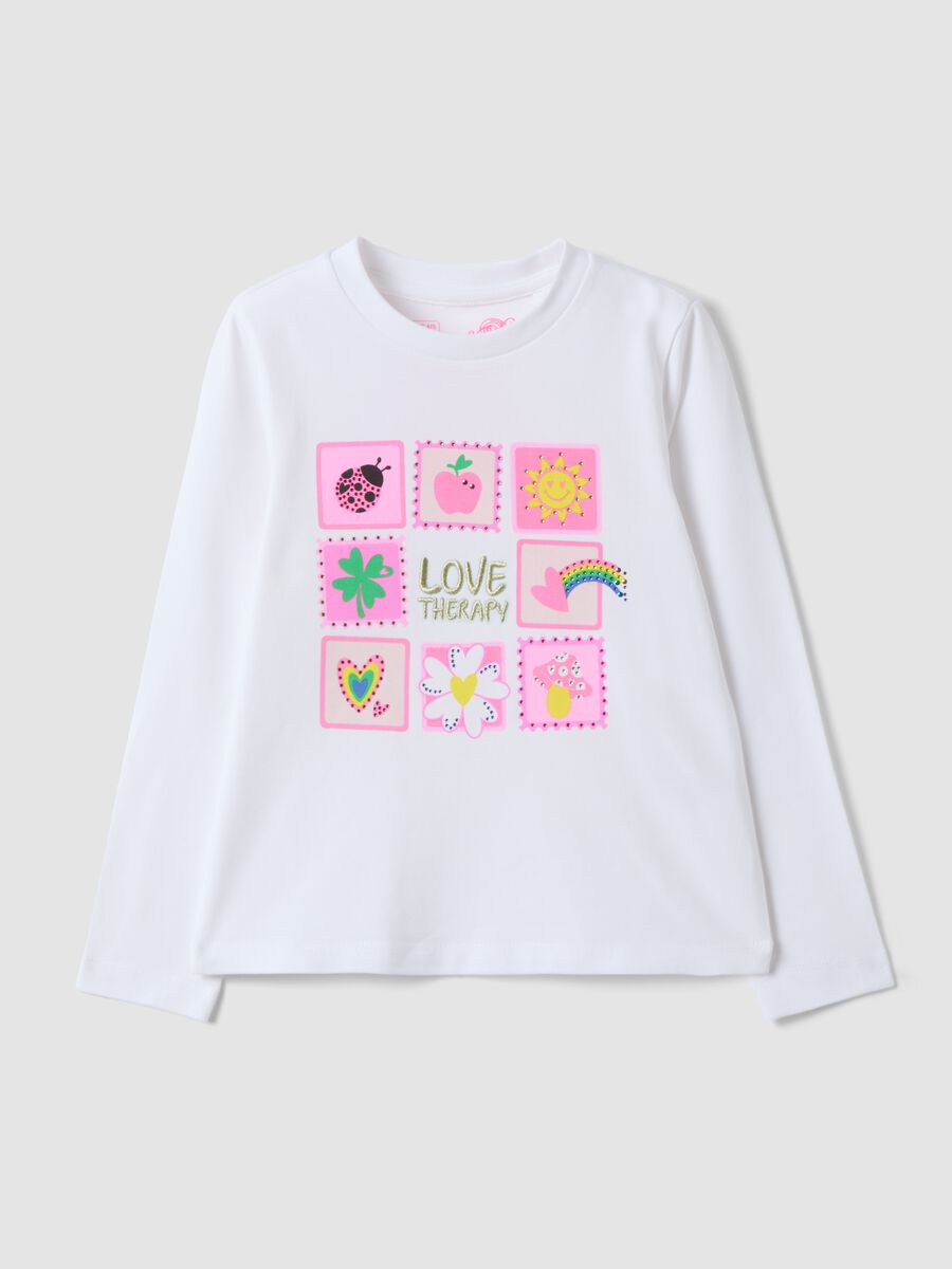 T-shirt bianca in cotone elasticizzato con girocollo e stampa per bambina_0