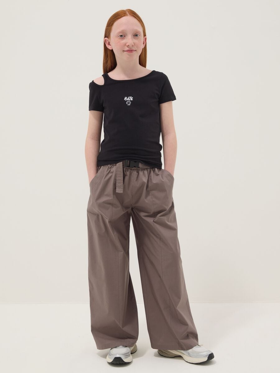 Brown pure cotton trousers with elasticated waistband for girls_0