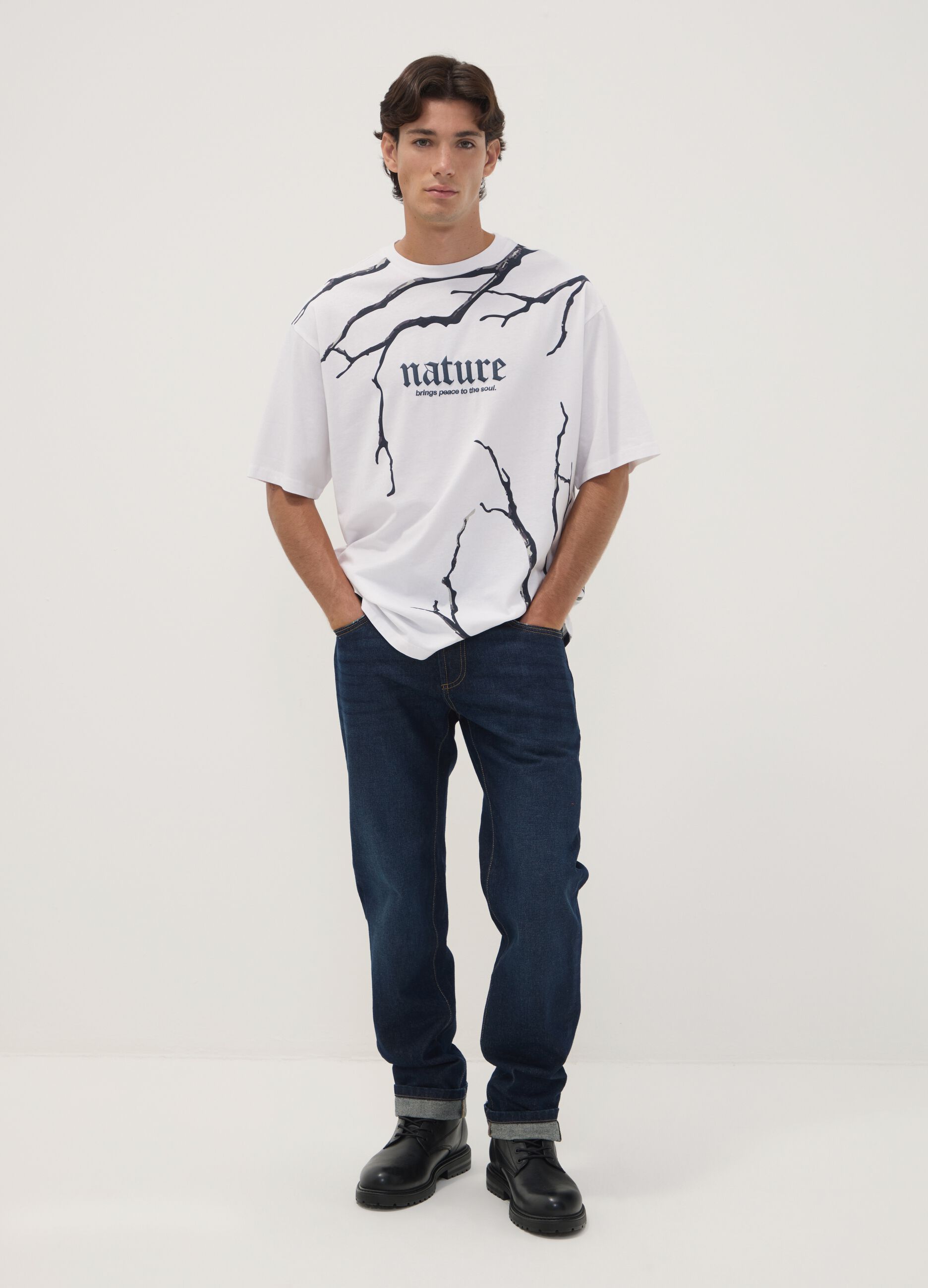 White pure cotton T-shirt with Nature slogan