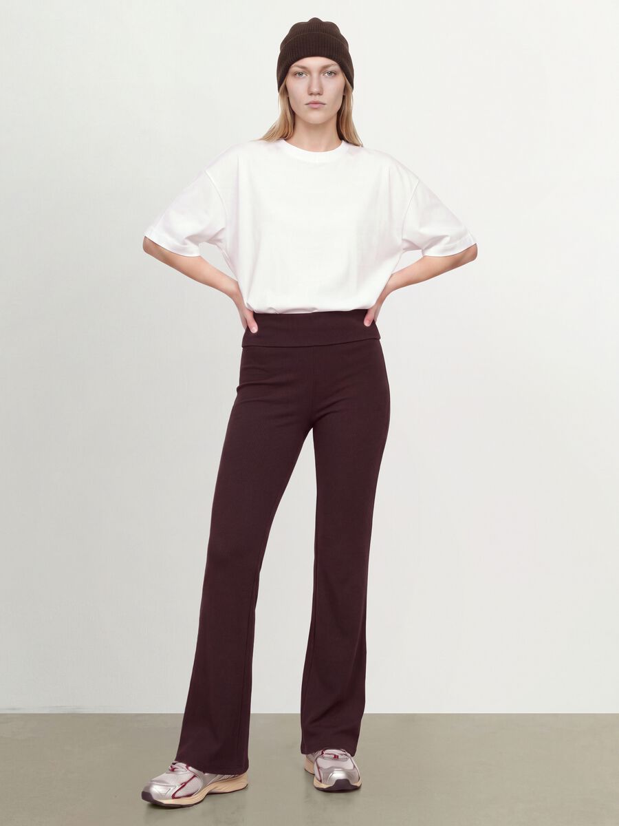 Brown ribbed pure cotton flared leggings_0
