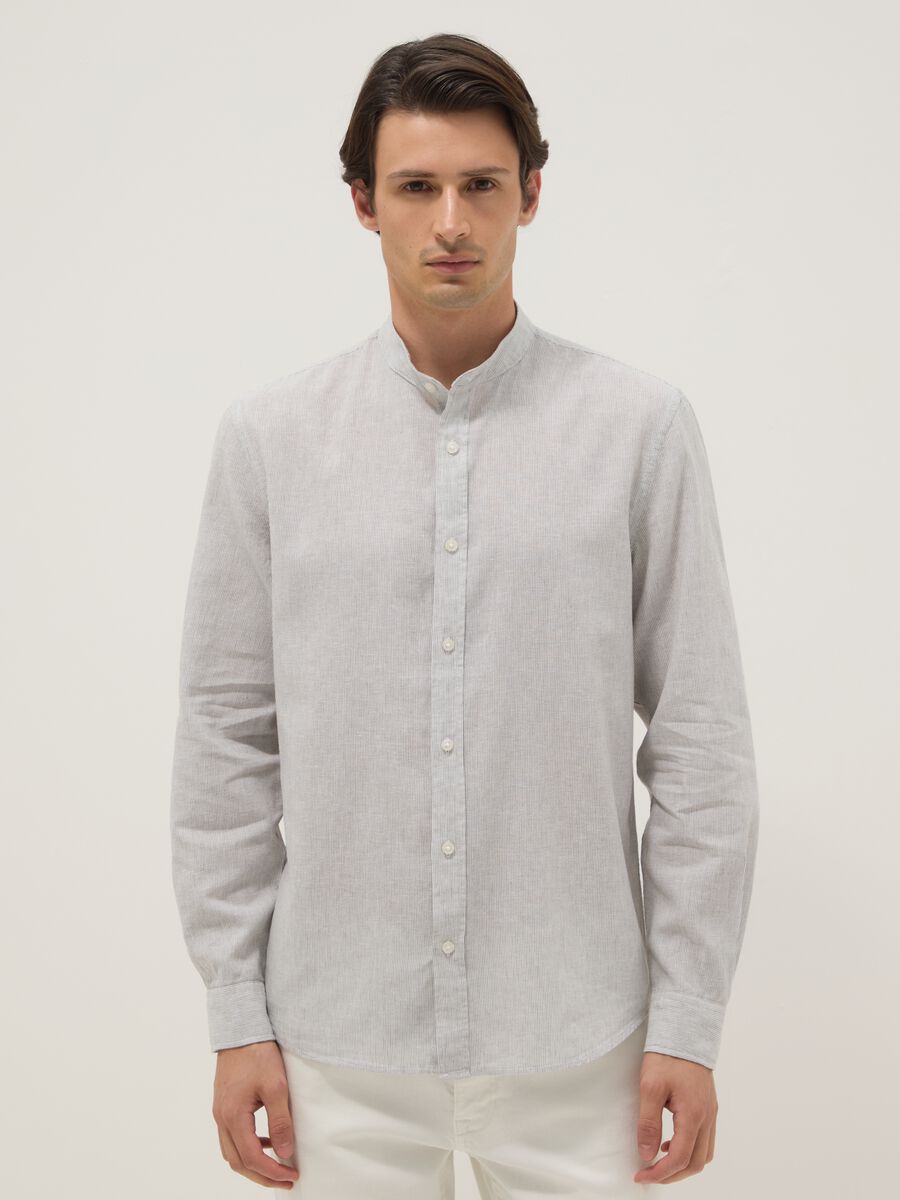 Multicolour striped shirt with mandarin collar in linen-cotton blend regular fit_1