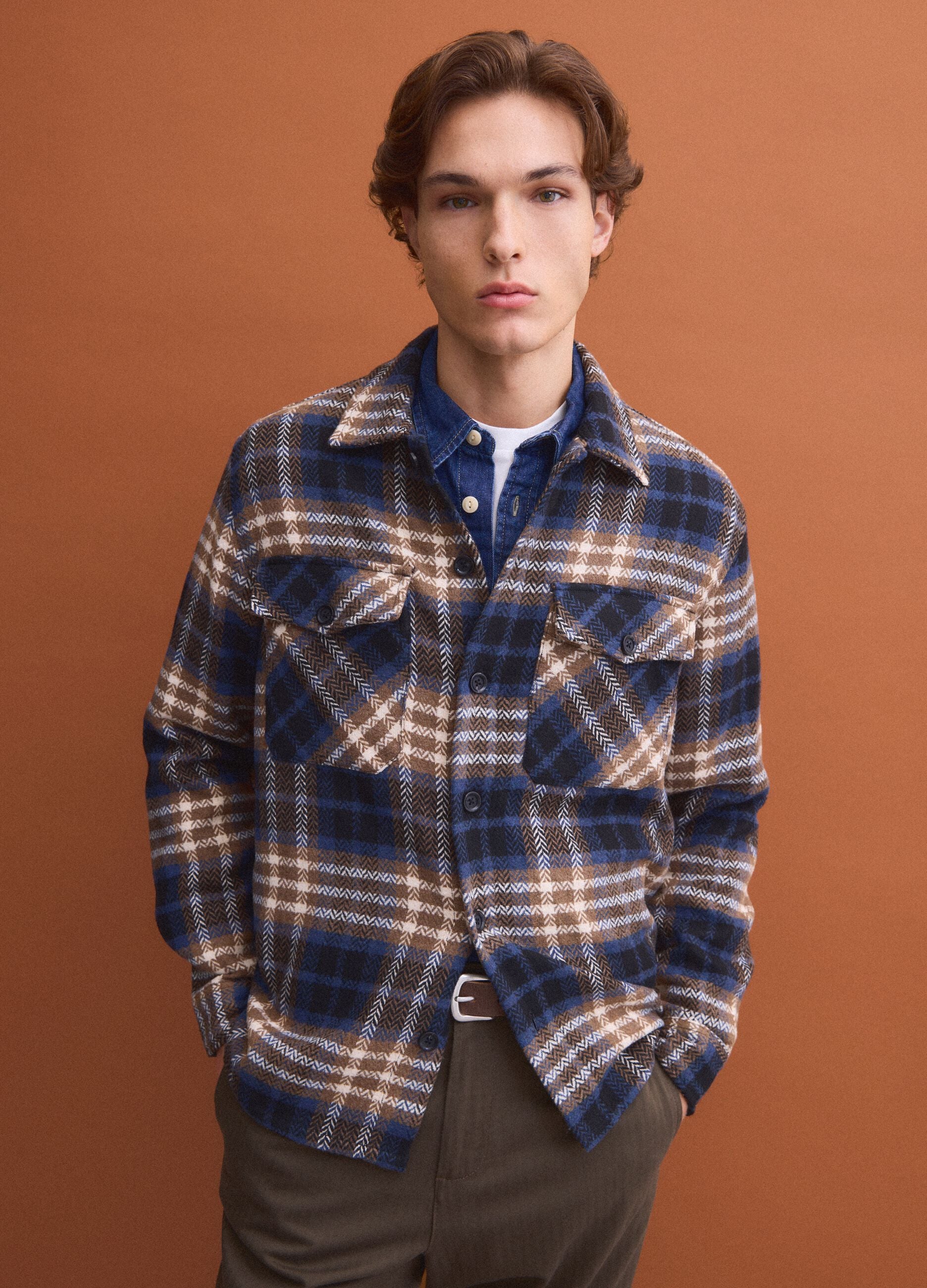 Blue wool-blend checked shacket with an oversized fit