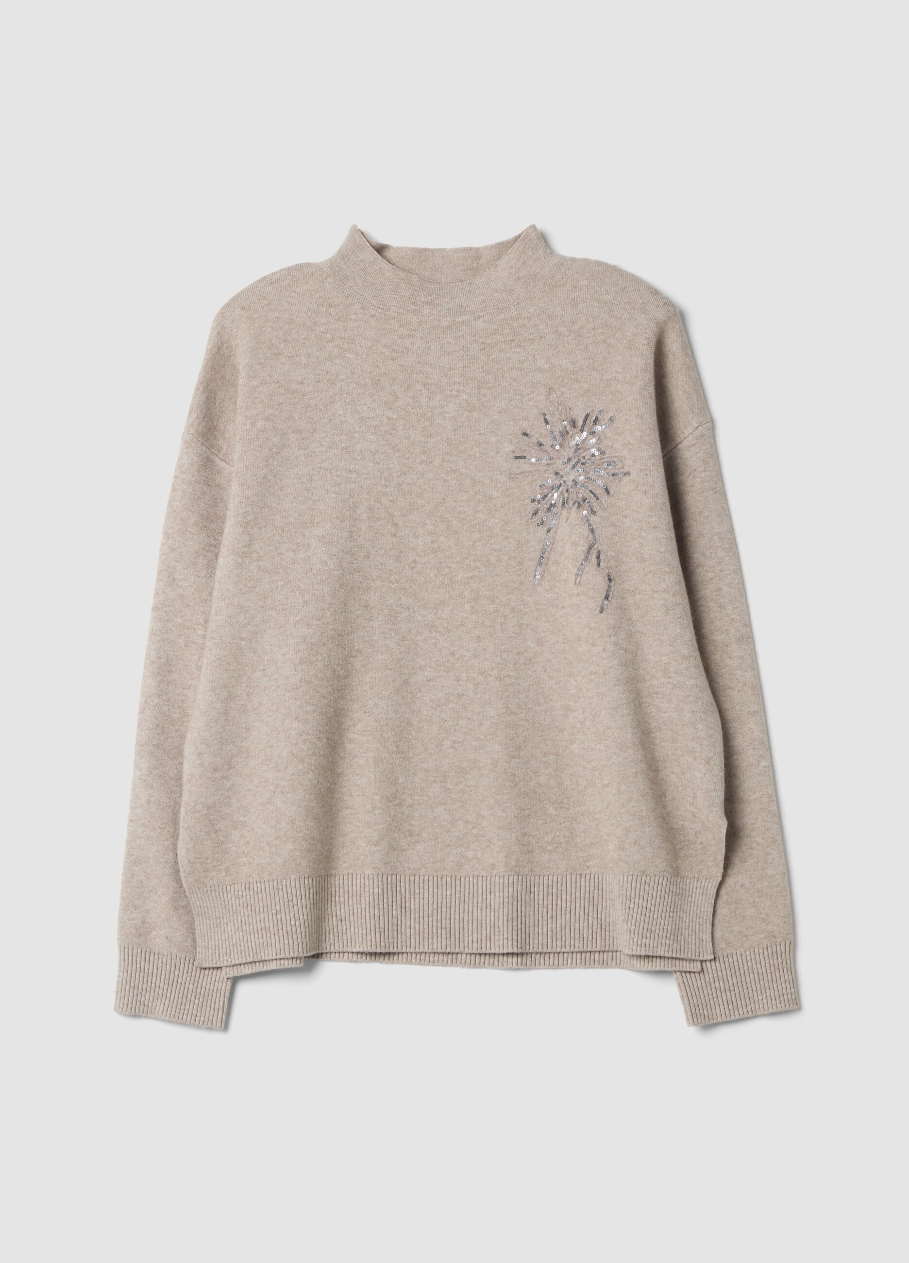 Camel viscose-blend jumper with sequin embroidery, regular fit
