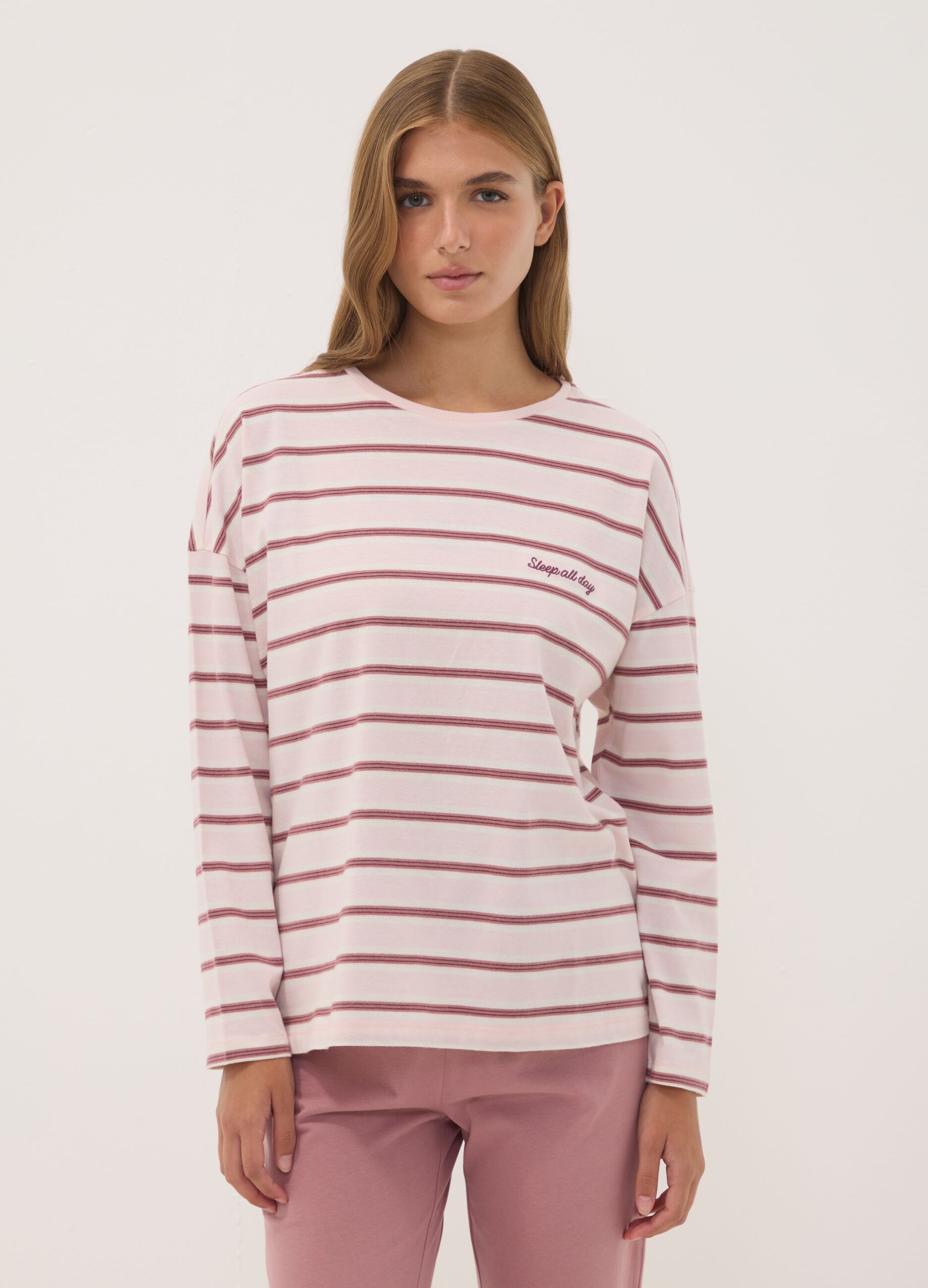 Pink pure organic cotton striped crew-neck pyjamas