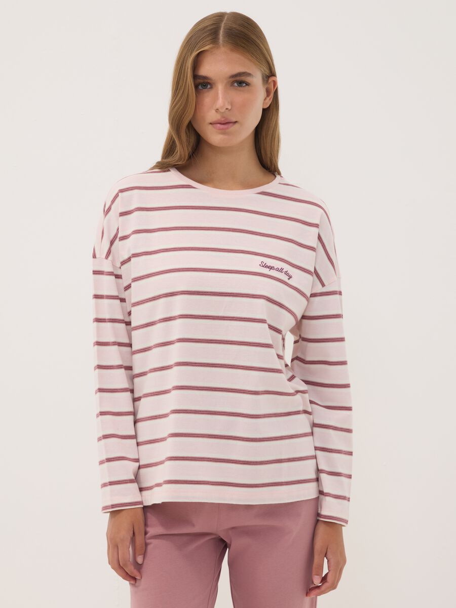 Pink pure organic cotton striped crew-neck pyjamas_1