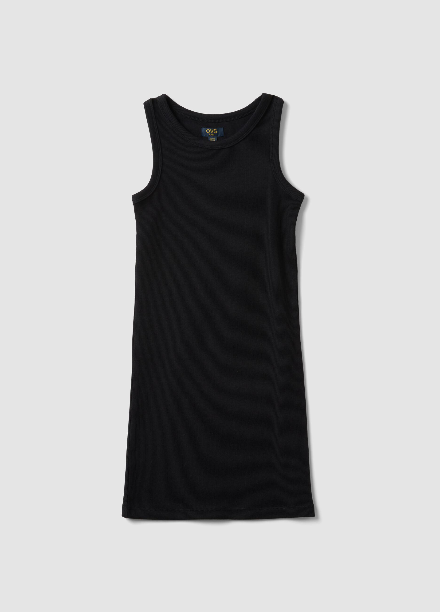 &Auml;rmelloses, figurbetontes M&auml;dchenkleid aus schwarzem Stretch-Baumwolle