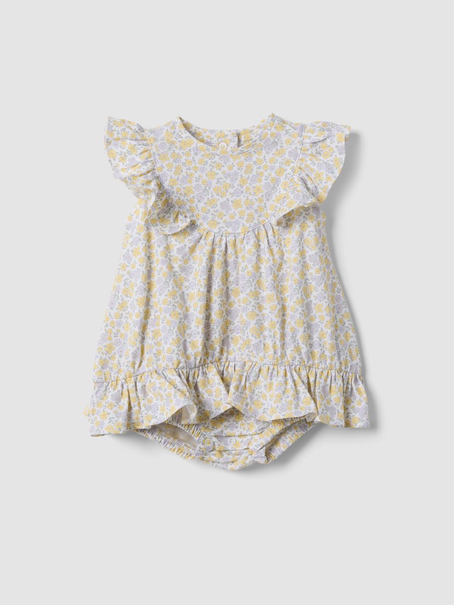 Yellow pure cotton baby girl romper with ruffles and floral print_0