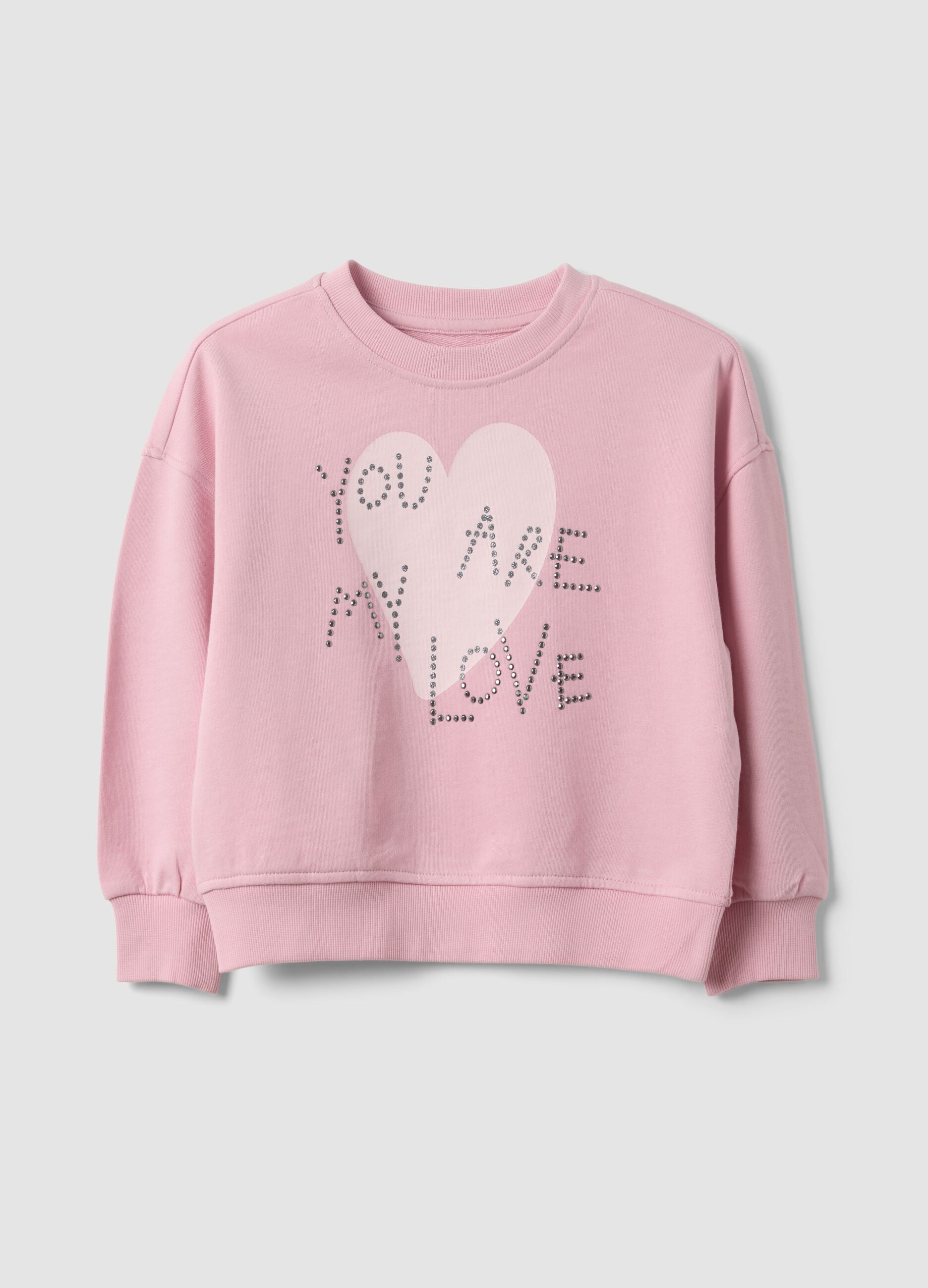 Sweatshirt rosa em algod&atilde;o puro com estampado de cora&ccedil;&atilde;o, corte regular, para menina
