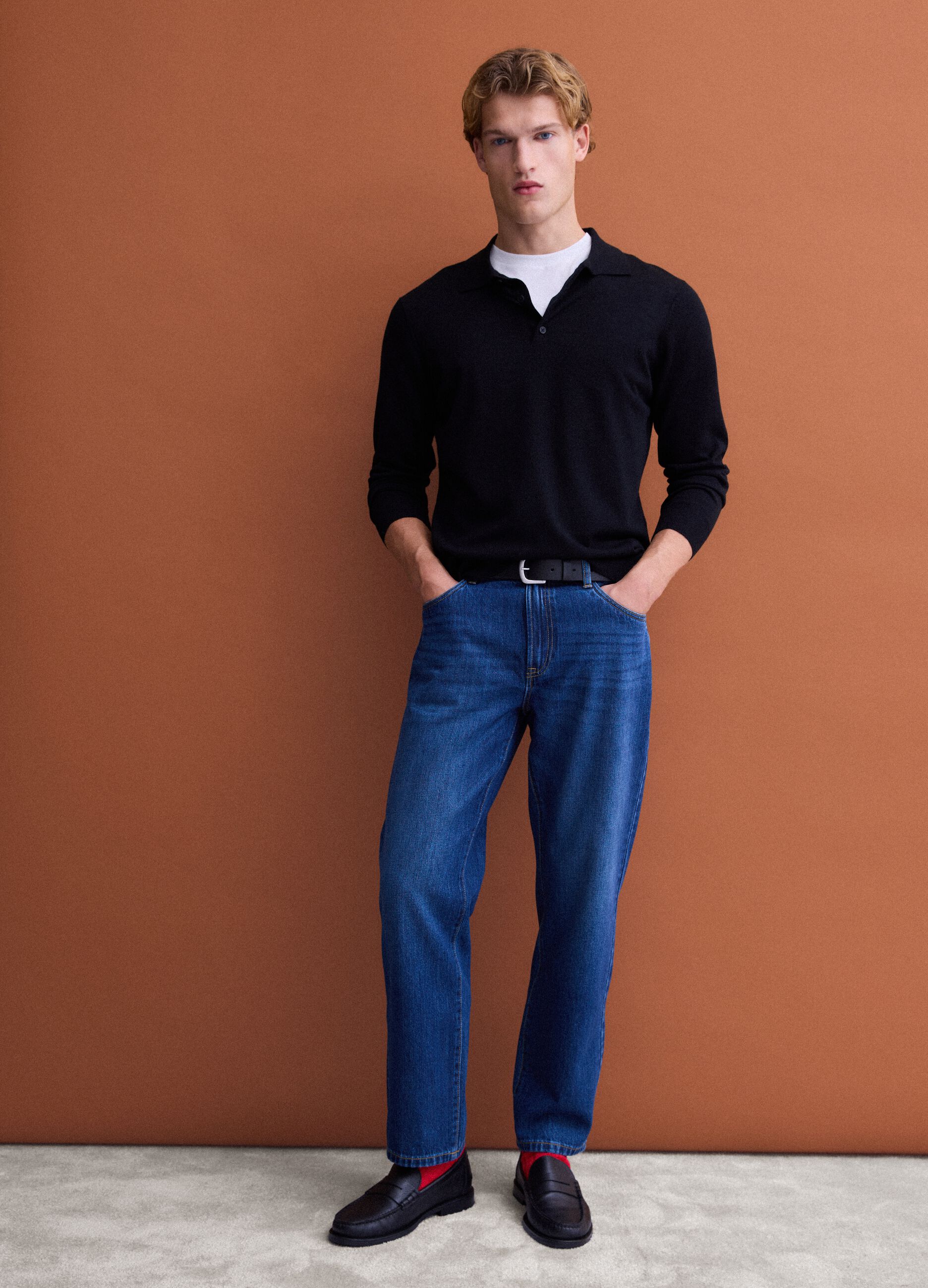 Black pure merino wool polo jumper with polo collar