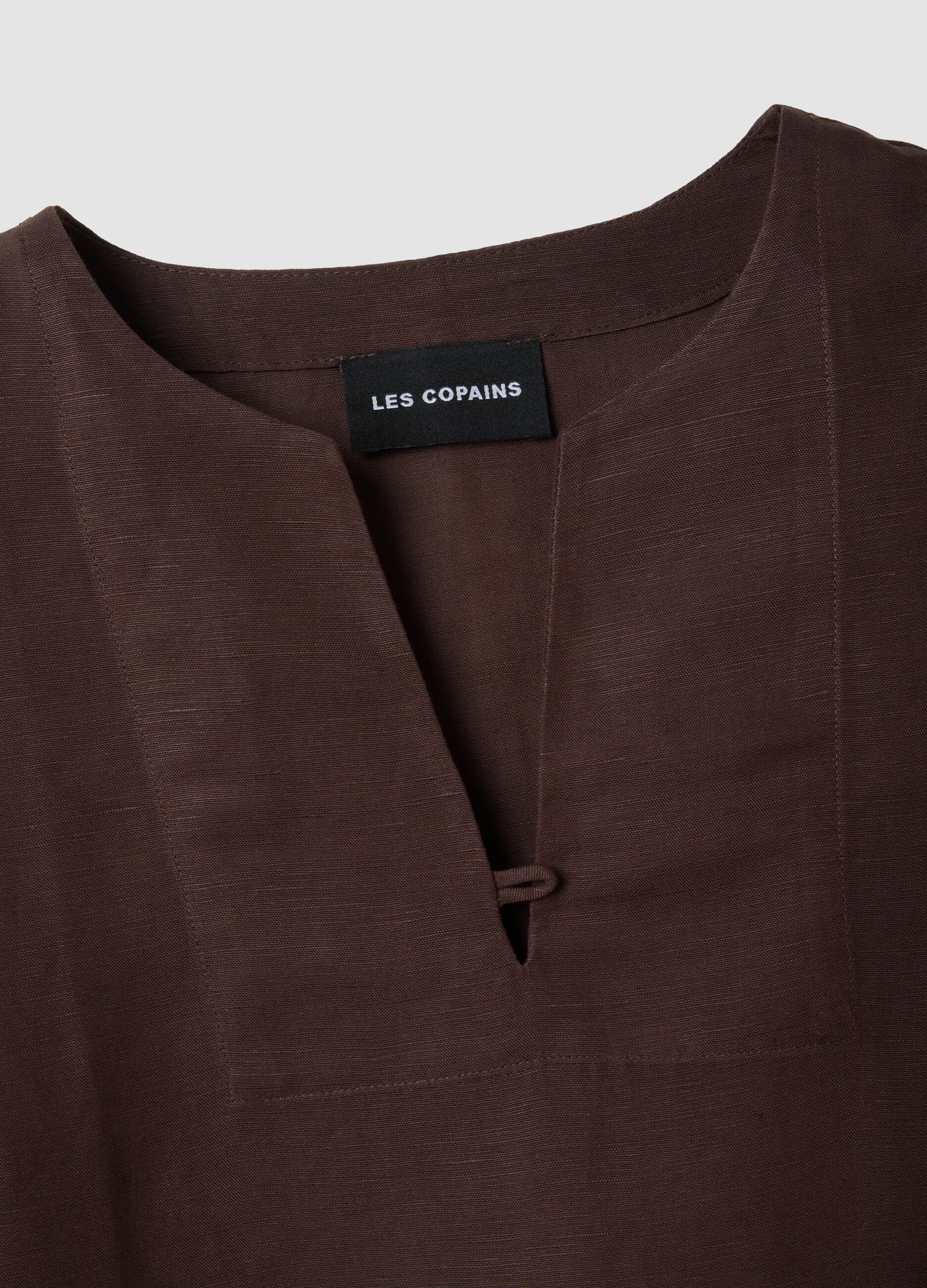 Top castanho oversized em mistura de linho e viscose