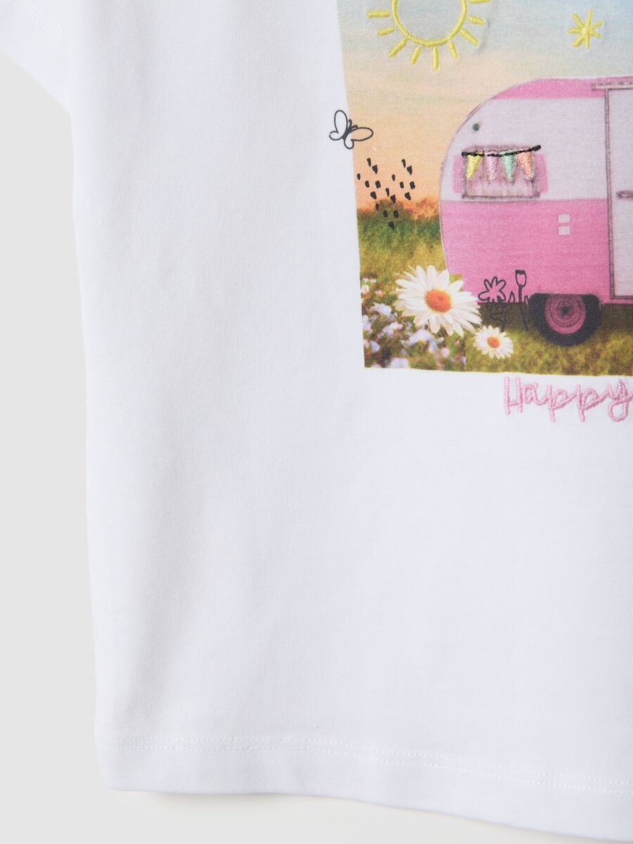 White stretch cotton girl's T-shirt, regular fit with print_3