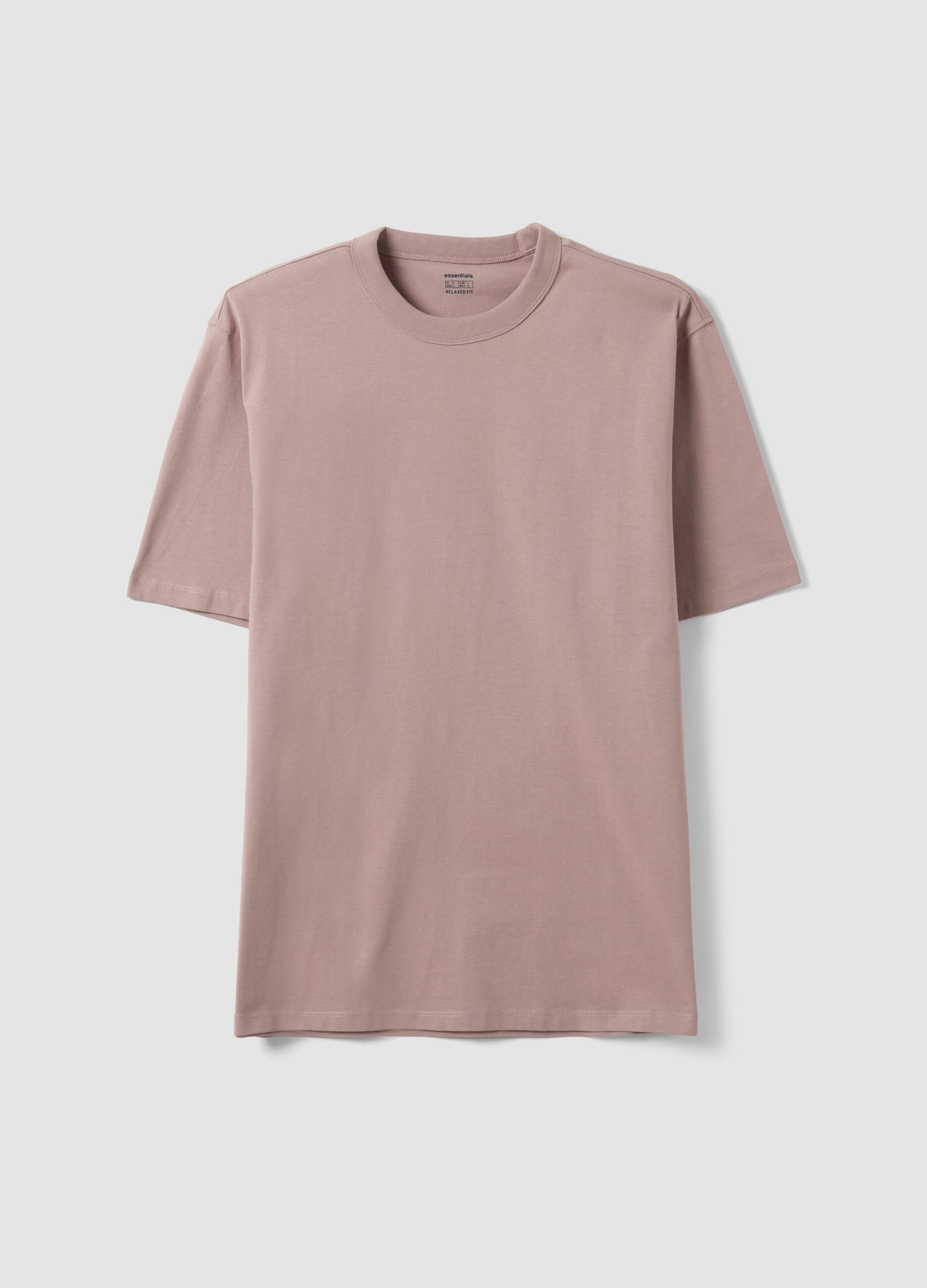 T-shirt rosa em algod&atilde;o puro com decote redondo, corte relaxed