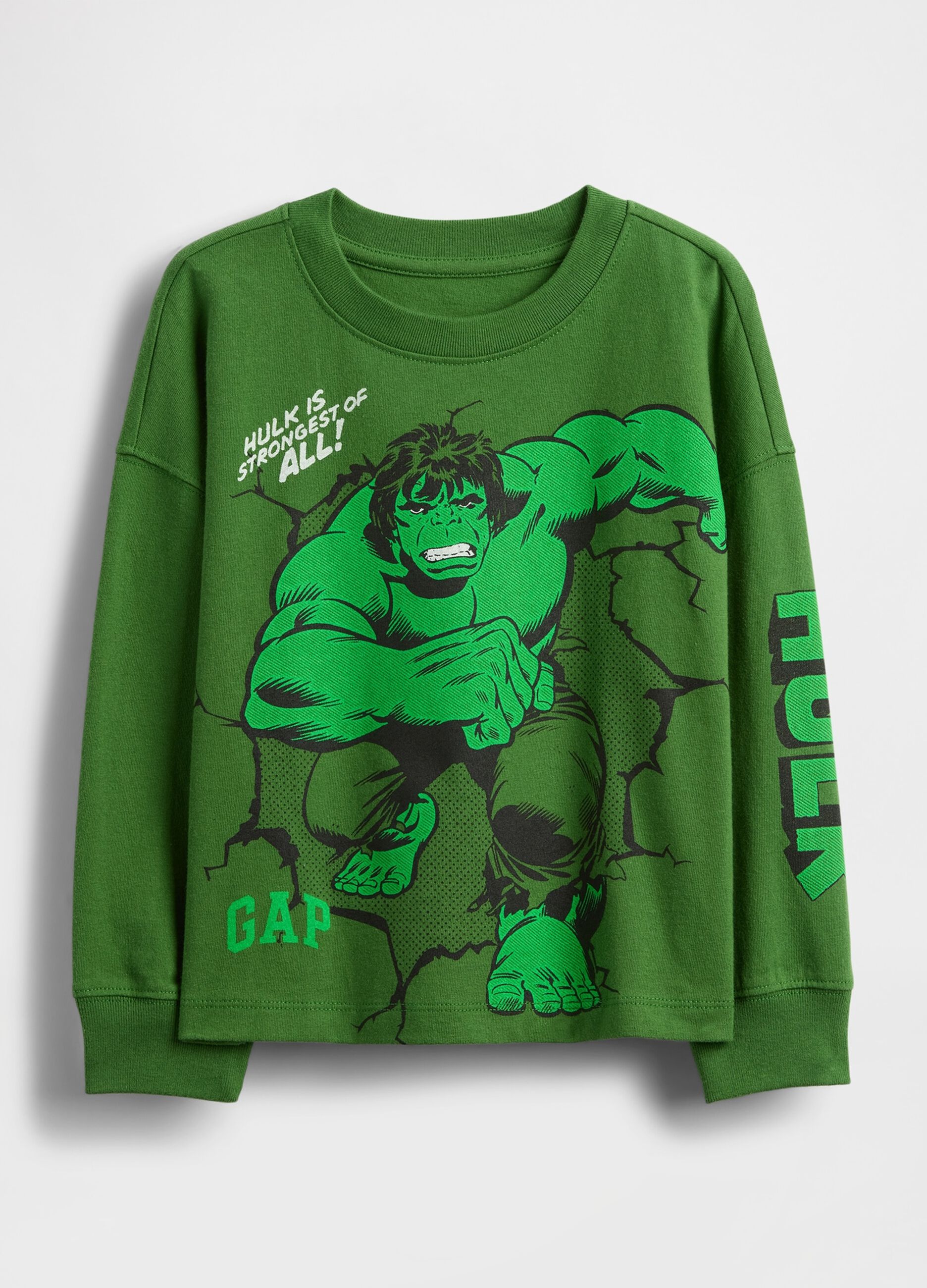 Green long-sleeved cotton t-shirt with Hulk print