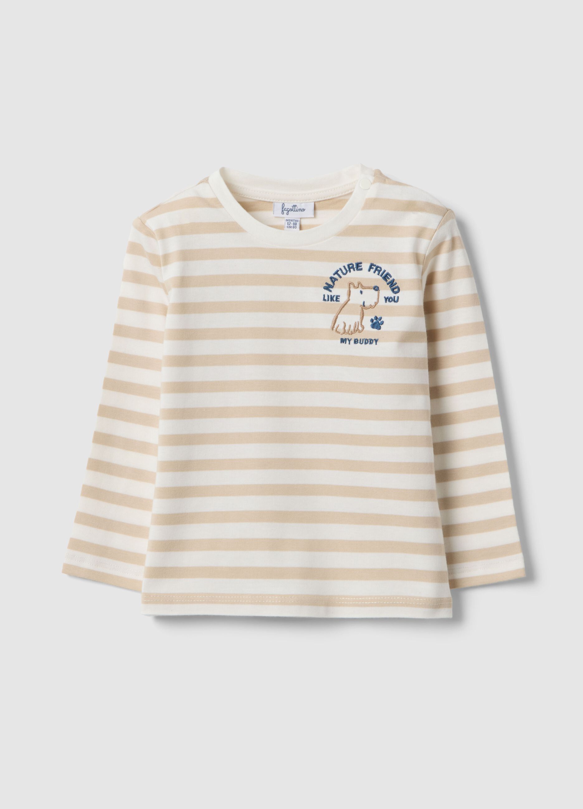 Multicolour striped pure cotton t-shirt for boys with embroidery