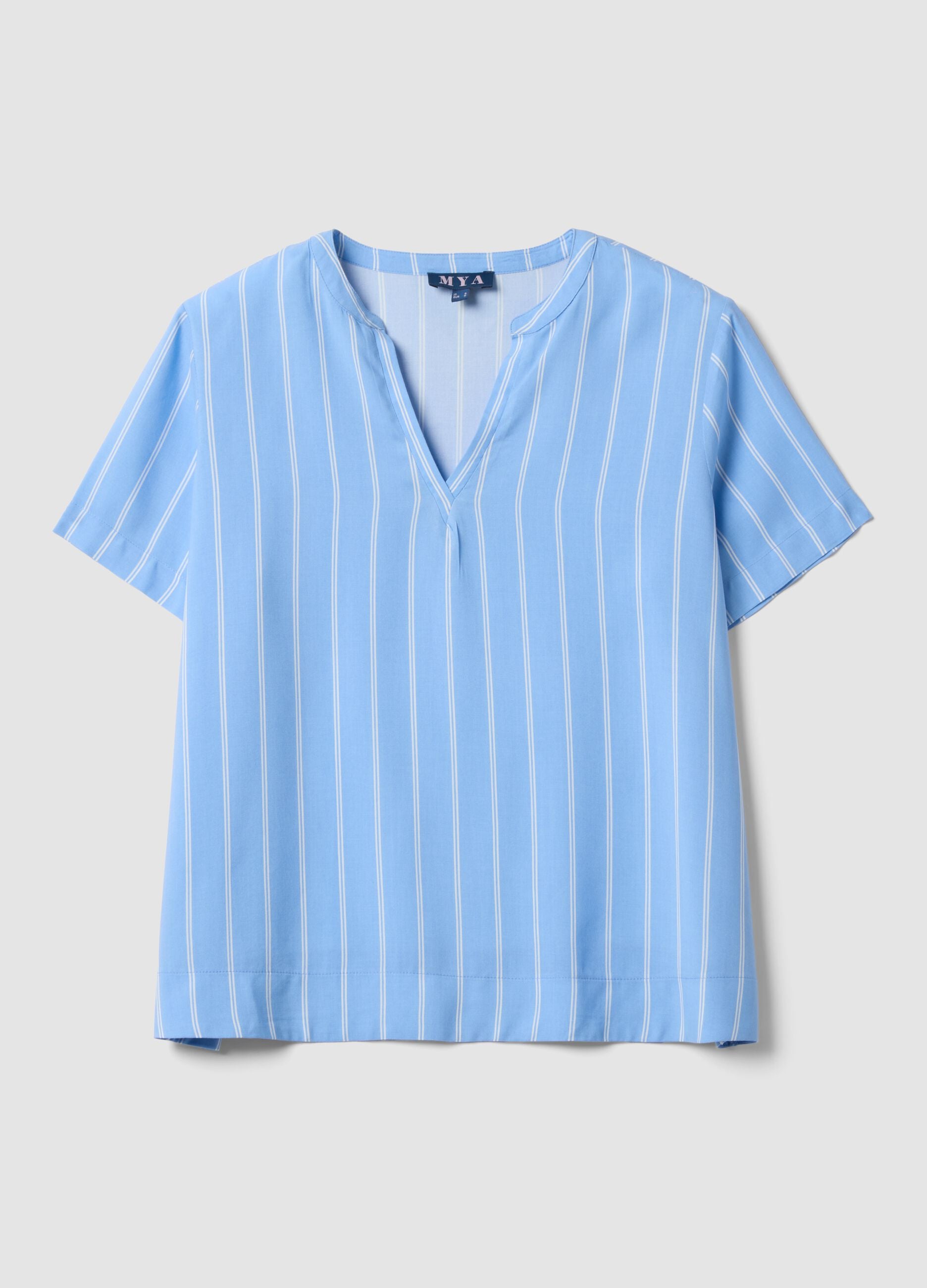 Blue striped pure viscose blouse with Mandarin collar, regular fit
