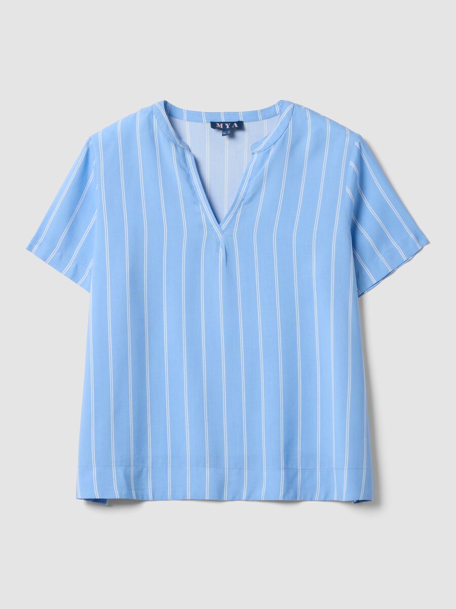 Blaue gestreifte Bluse aus reiner Viskose mit Stehkragen, Regular Fit_0