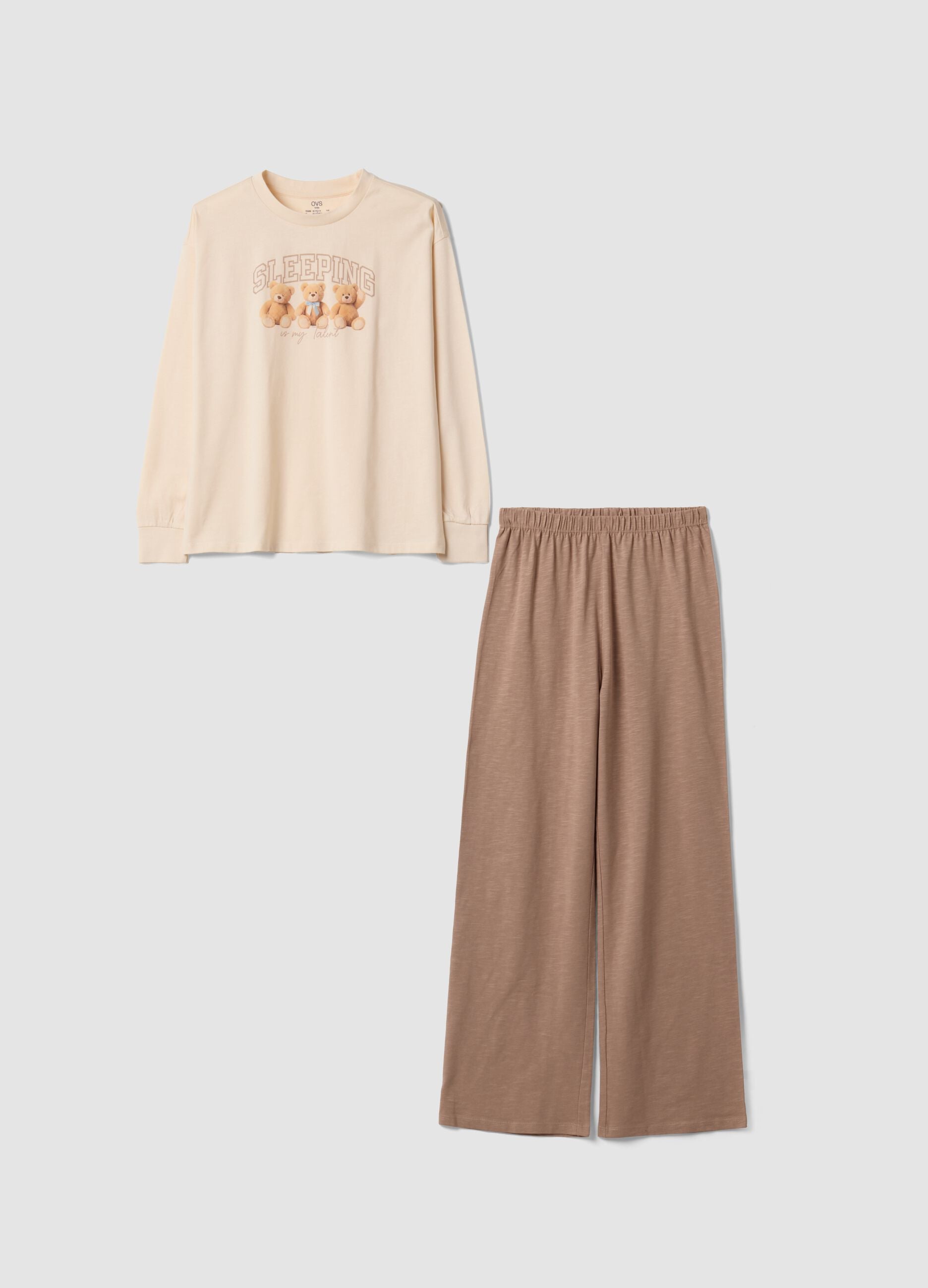 Beige organic cotton pyjamas with crew neck and teddy bear print