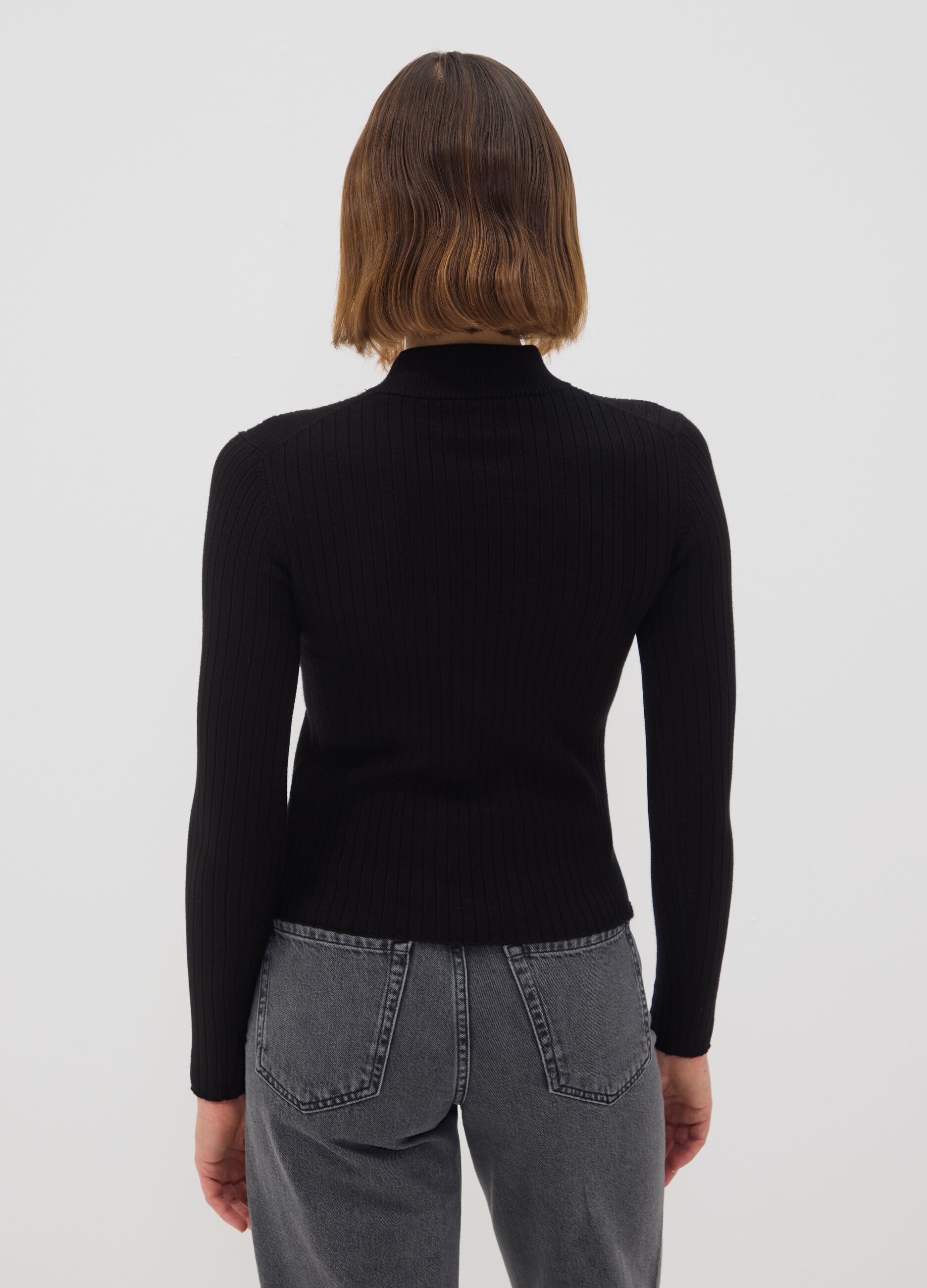 Black ribbed viscose-blend fitted top with high neck