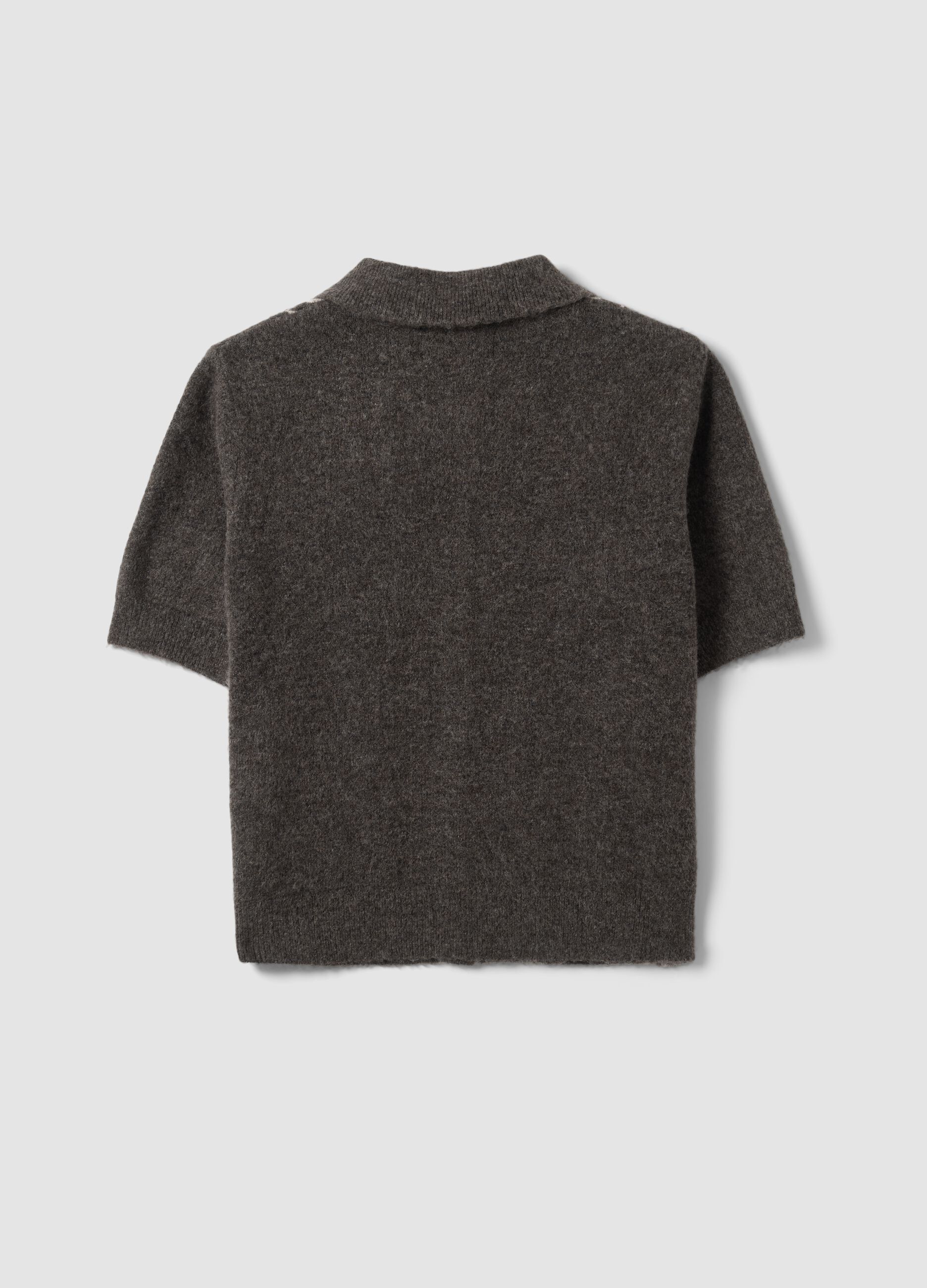 Brown stretch wool polo-collar cardigan, regular fit