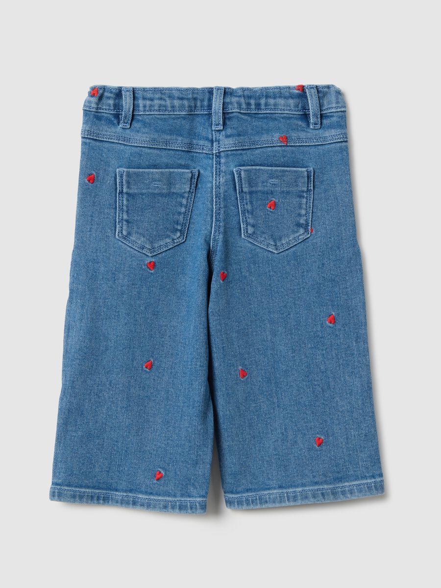 Stretch cotton denim regular fit trousers with embroidery for girls_1