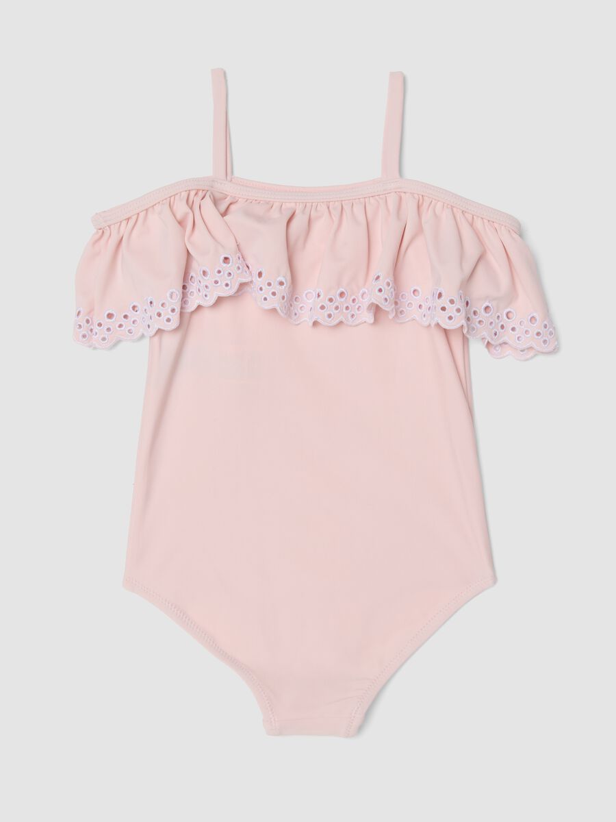 Pink girls&rsquo; swimsuit in stretch fabric with ruffle_1