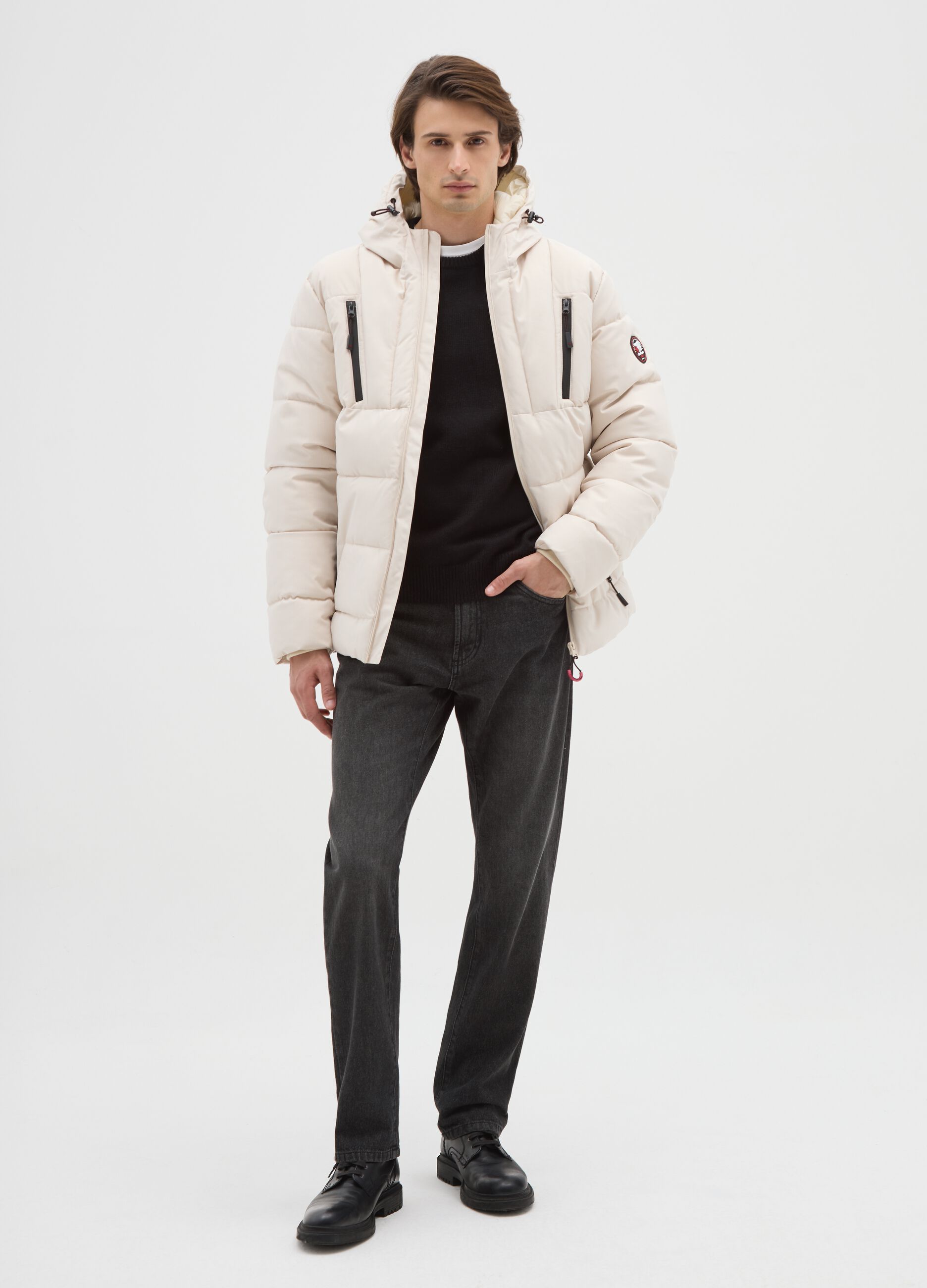 Beige Padded Jacket with Hood and Zip