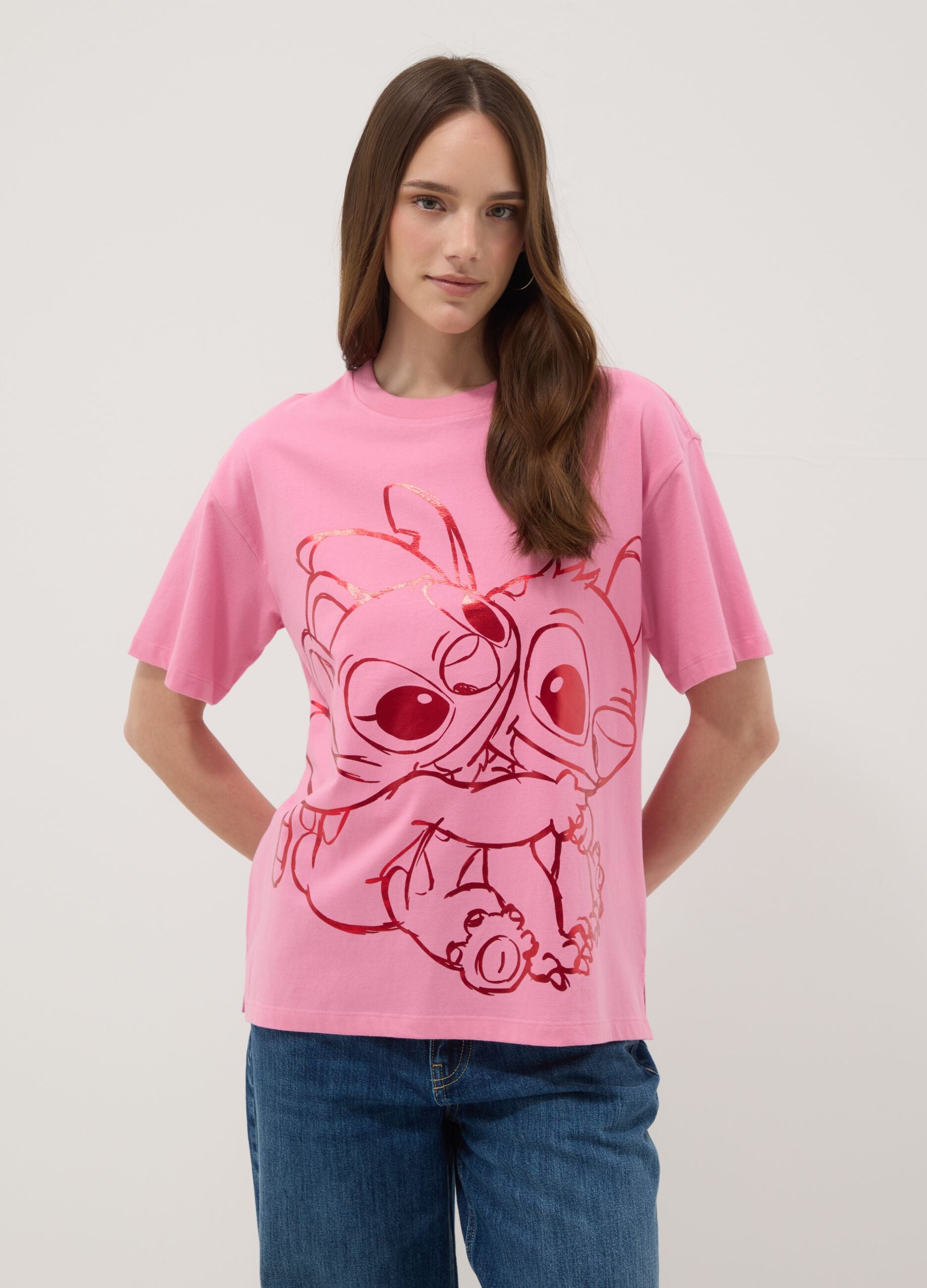 Pink pure cotton regular fit T-shirt with Stitch print
