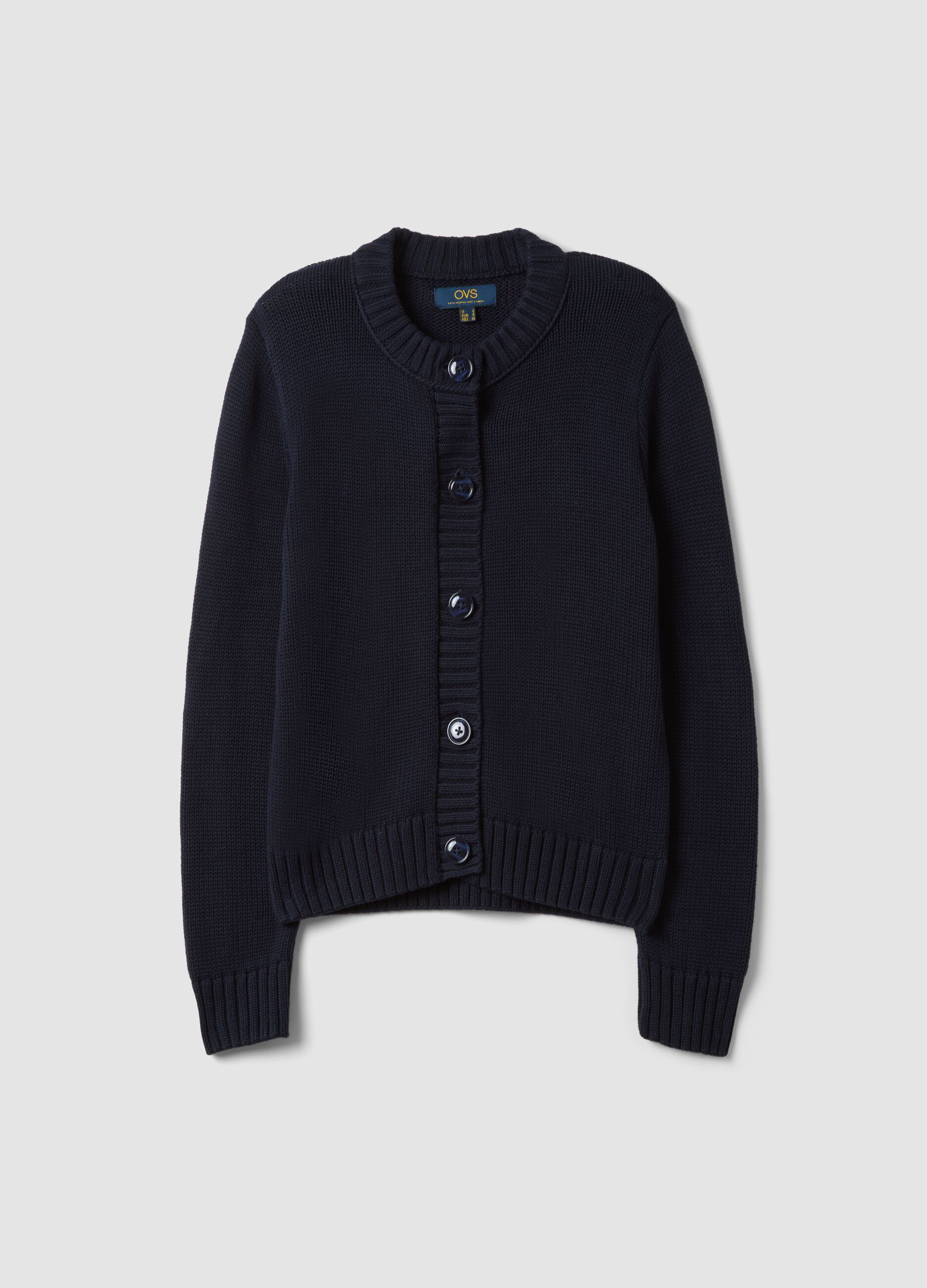 Navy pure cotton crew-neck cardigan with buttons, regular fit