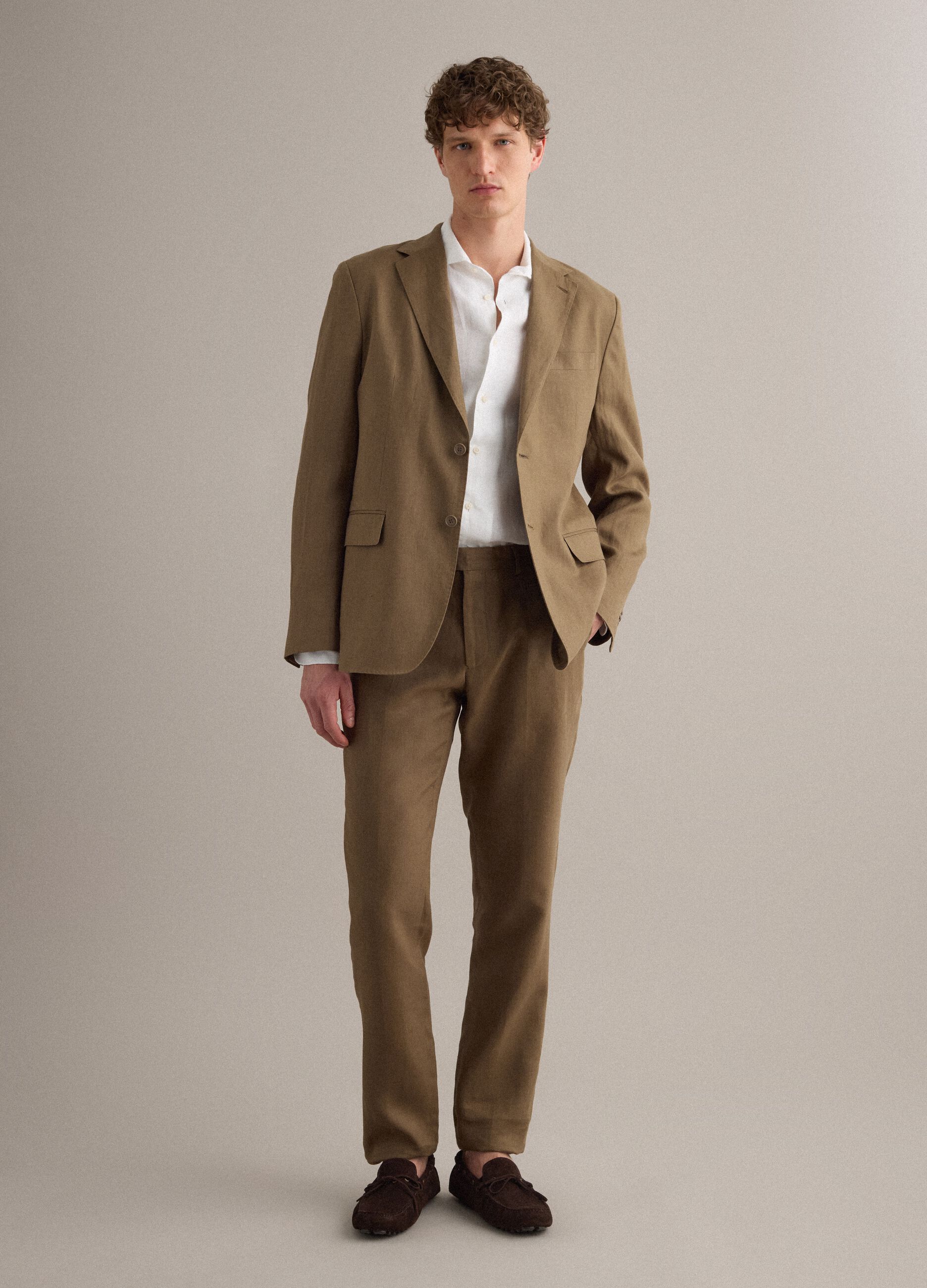 Brown pure linen regular fit trousers