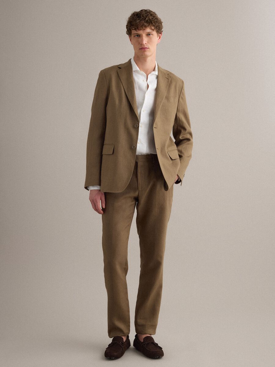 Brown pure linen regular fit trousers_1