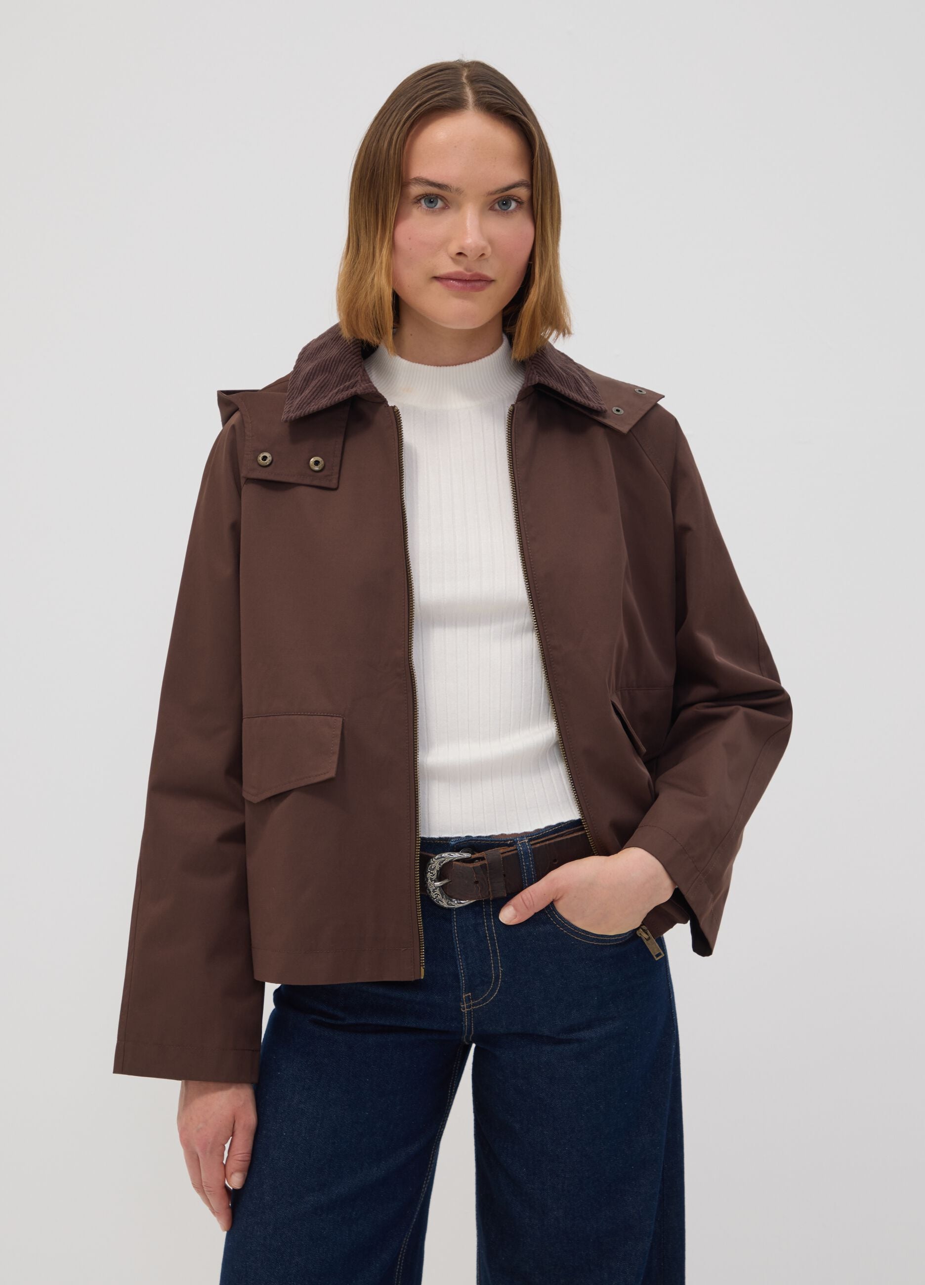 Braune Parkajacke aus Baumwollmix mit Kapuze und Rippkragen