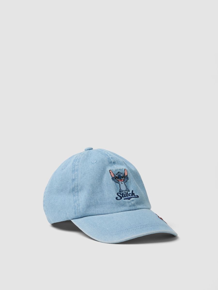 Girls' blue denim pure cotton cap with Stitch embroidery_0