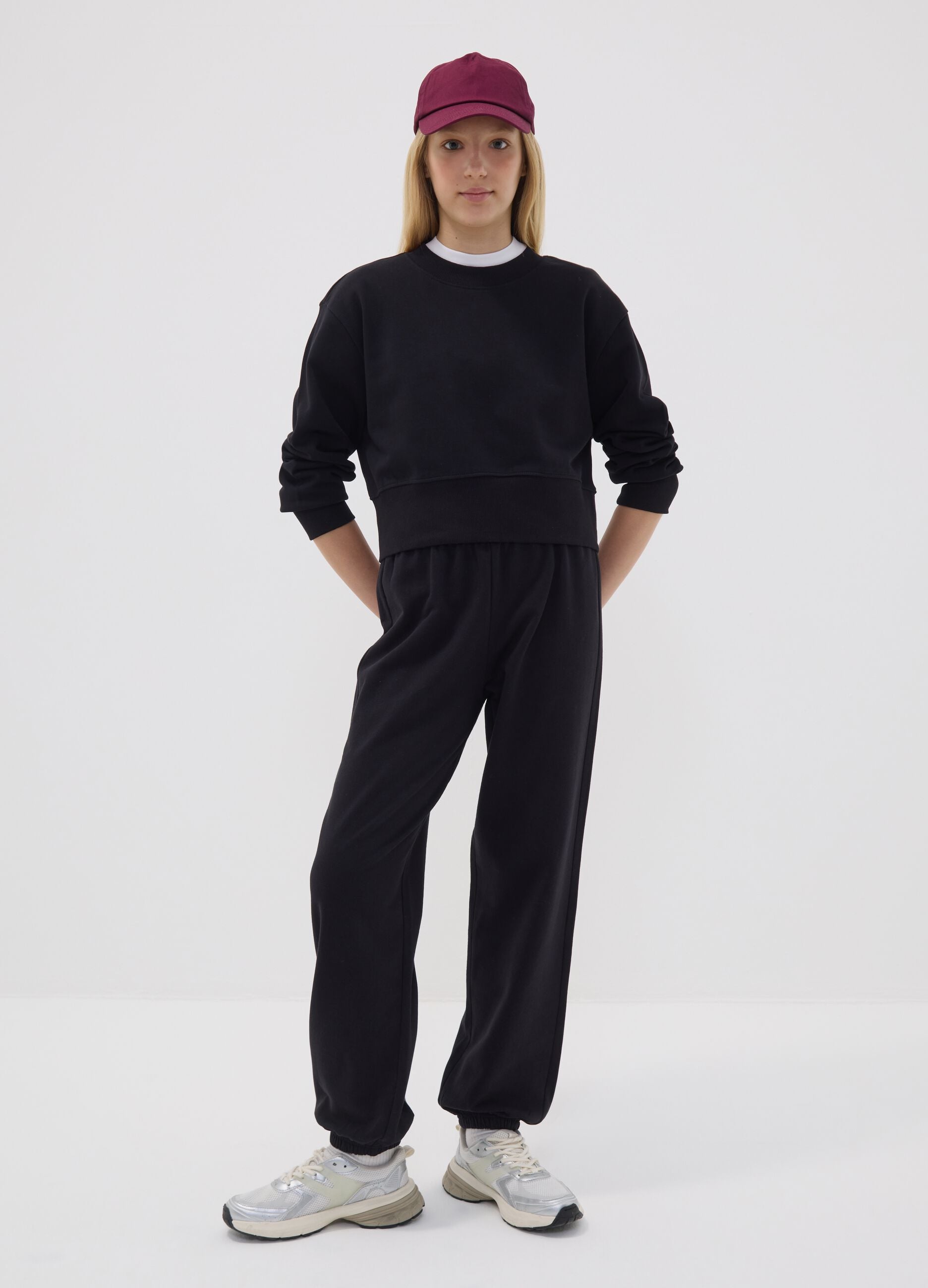 Pantalon jogger noir en m&eacute;lange coton bio et viscose pour fille