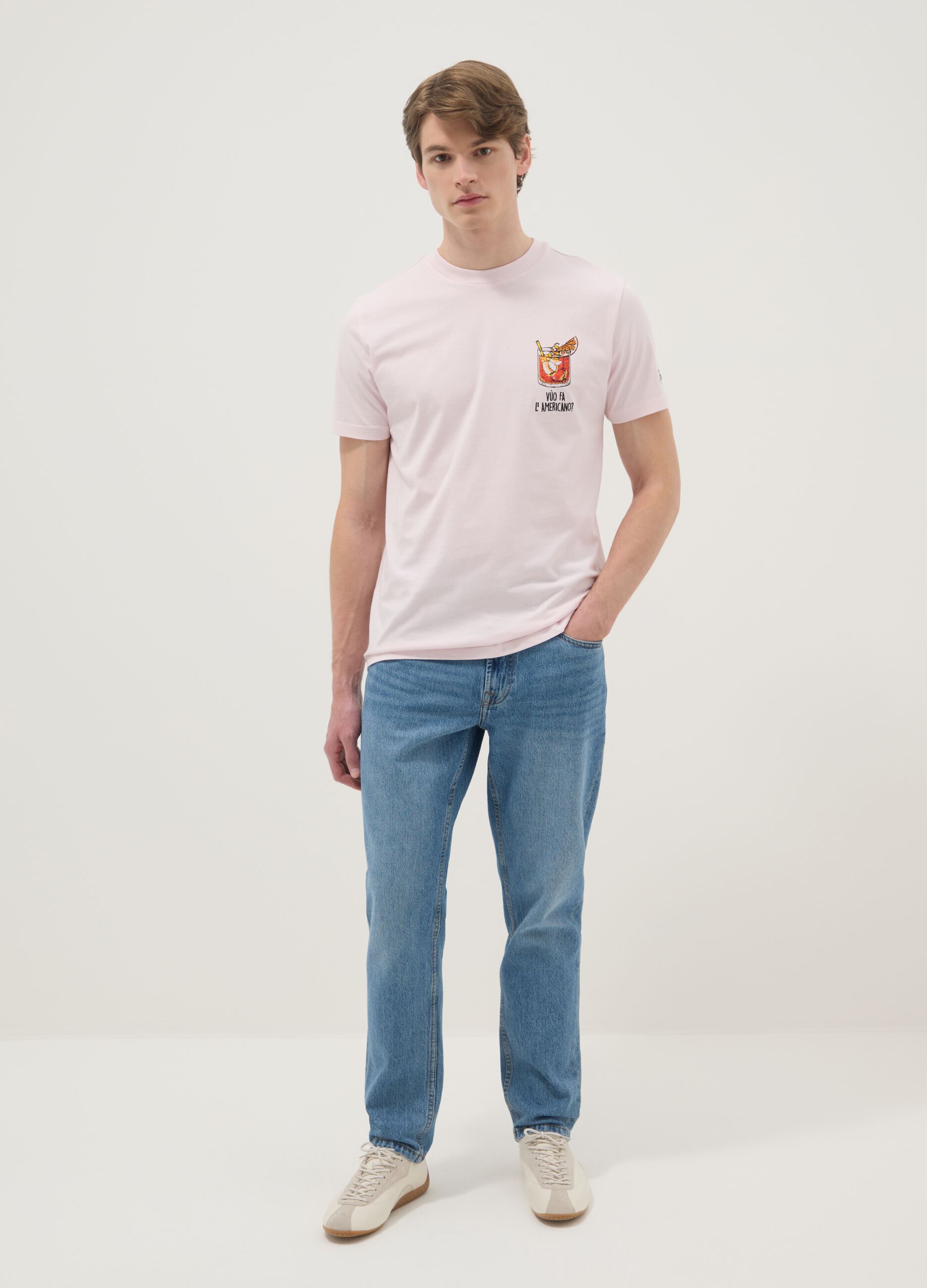 Regular fit pink pure cotton T-shirt with Americano prints