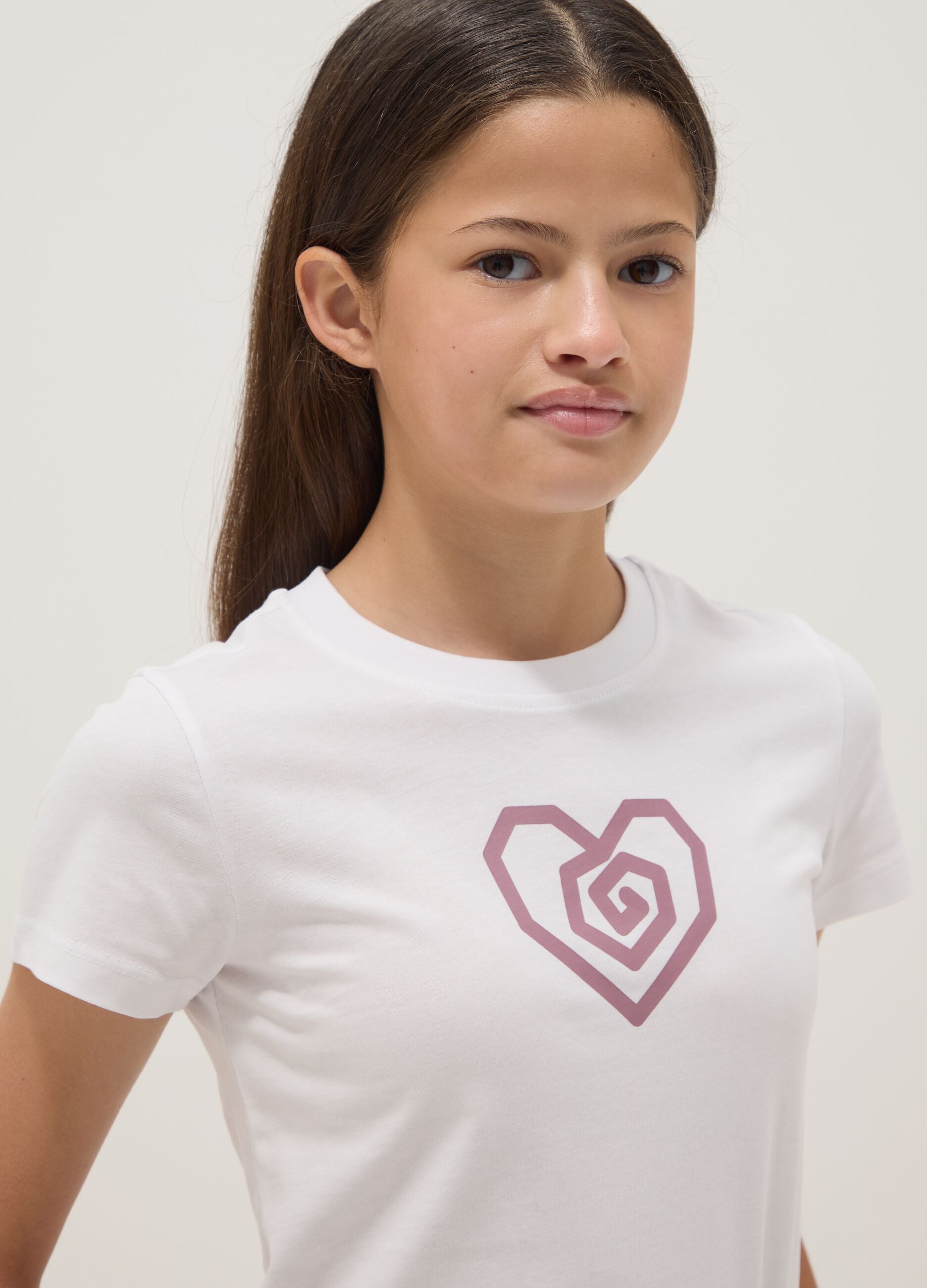 Girls' white organic cotton short-sleeved T-shirt, regular fit